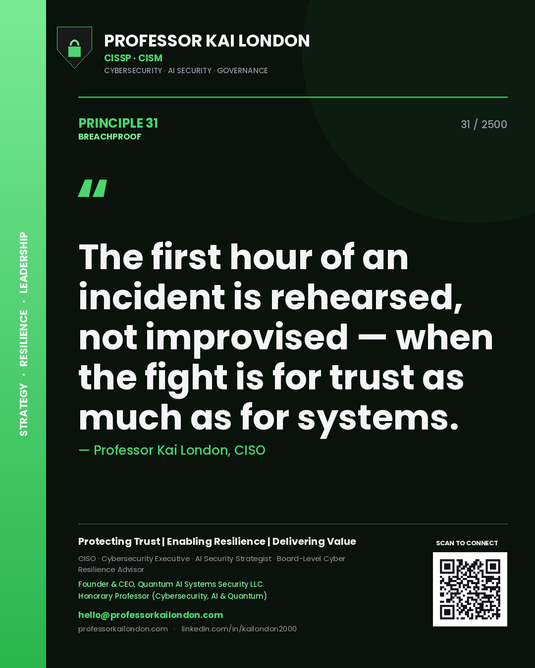 Quote card by Professor Kai London reading 'The first hour of an incident is rehearsed, not improvised — when the fight is for trust as much as for systems.'. From the book Breachproof.