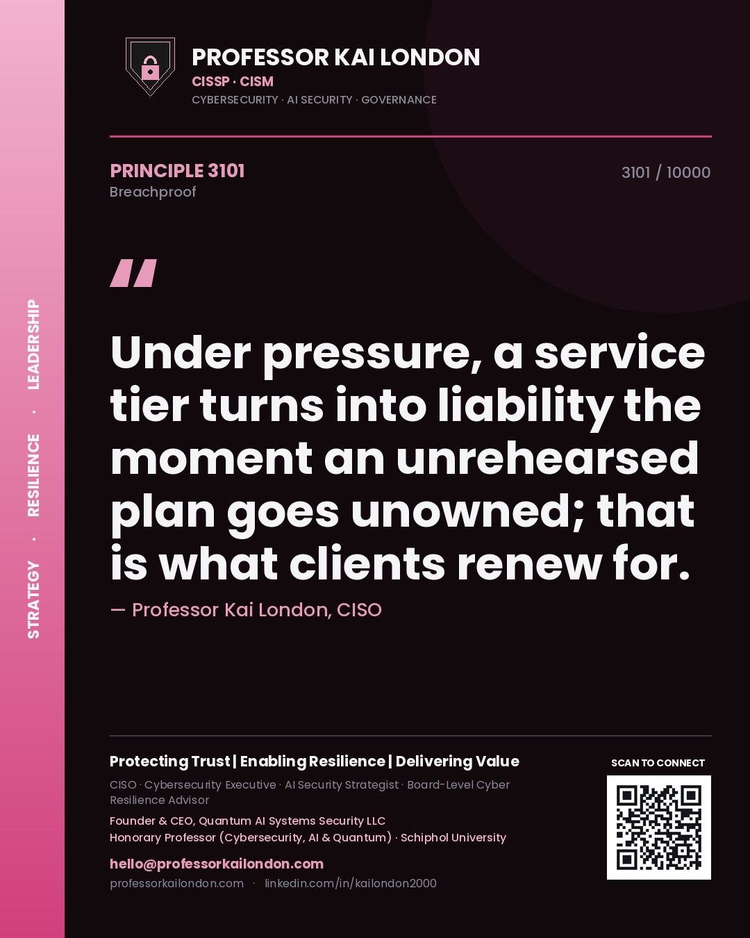 Quote card by Professor Kai London reading 'Under pressure, a service tier turns into liability the moment an unrehearsed plan goes unowned; that is what clients renew for.'. From the book Breachproof.