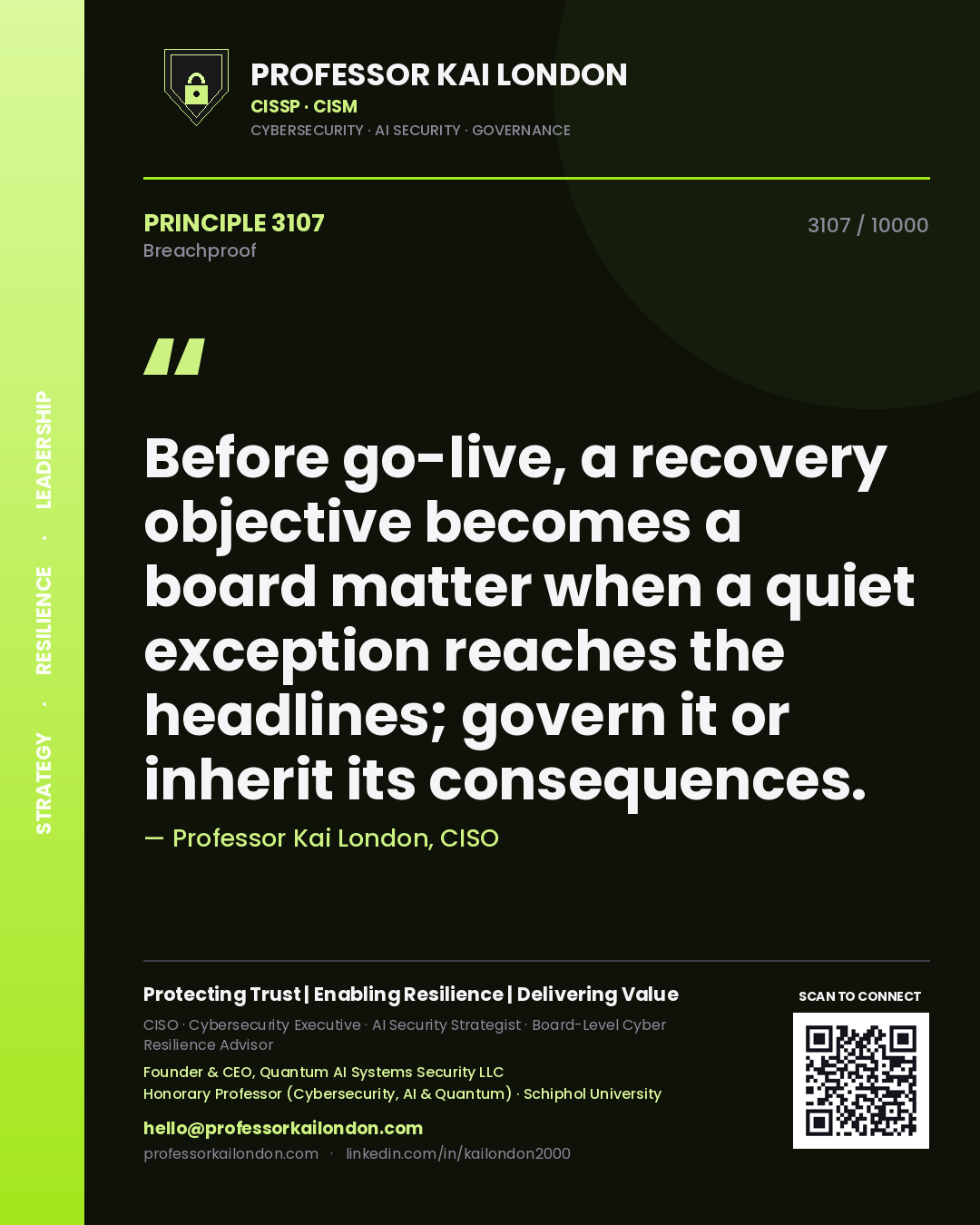 Quote card by Professor Kai London reading 'Before go-live, a recovery objective becomes a board matter when a quiet exception reaches the headlines; govern it or inherit its consequences.'. From the book Breachproof.