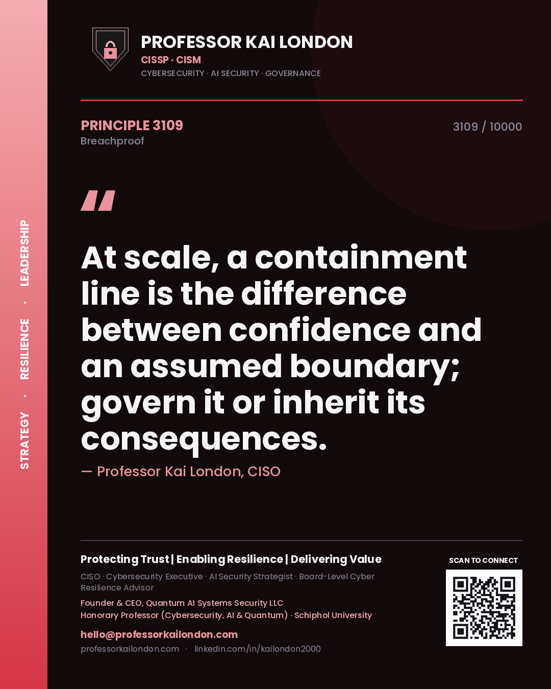 Quote card by Professor Kai London reading 'At scale, a containment line is the difference between confidence and an assumed boundary; govern it or inherit its consequences.'. From the book Breachproof.