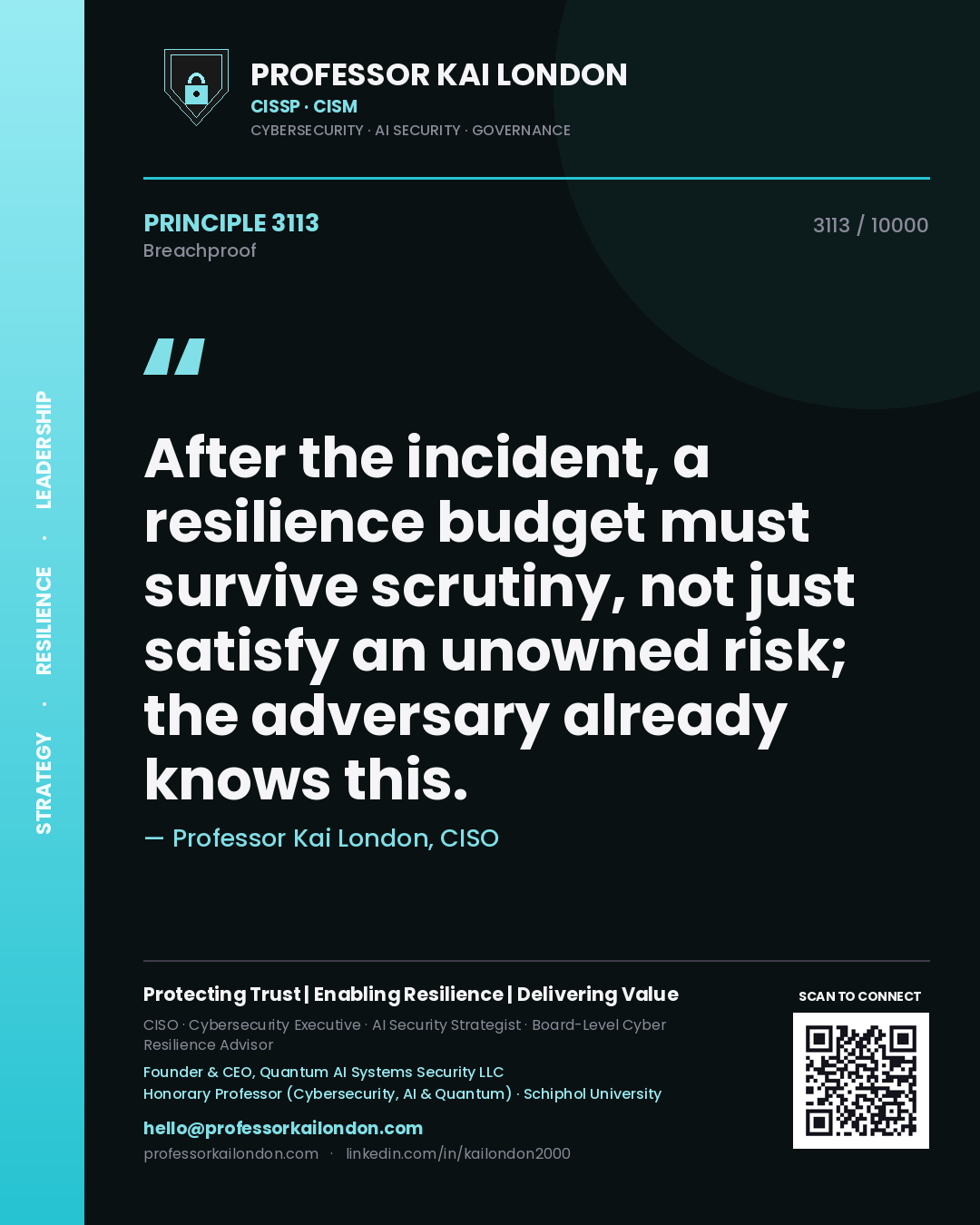 Quote card by Professor Kai London reading 'After the incident, a resilience budget must survive scrutiny, not just satisfy an unowned risk; the adversary already knows this.'. From the book Breachproof.