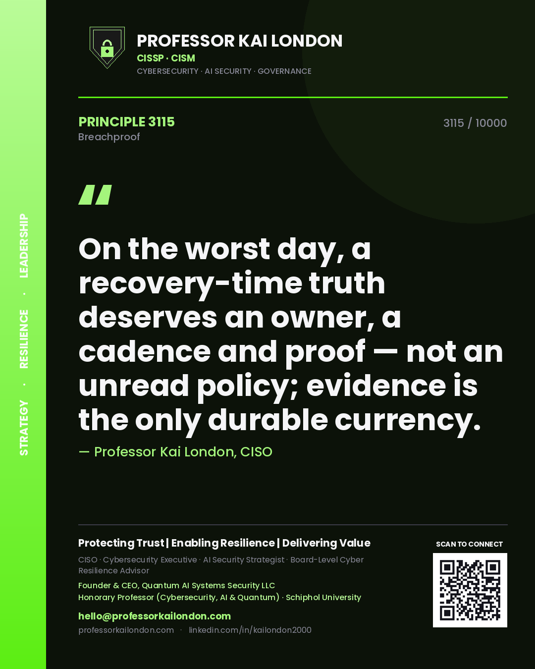 Professor Kai London principle 3115: On the worst day, a recovery-time truth deserves an owner, a cadence and proof — not an unread policy; evidence is the only durable currency.
