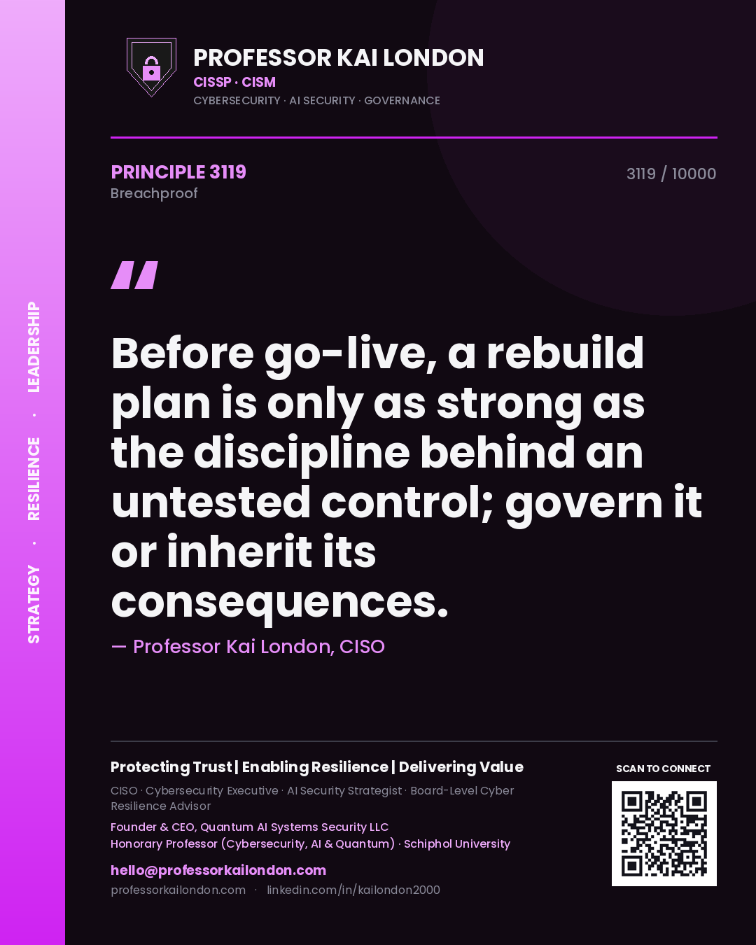 Quote card by Professor Kai London reading 'Before go-live, a rebuild plan is only as strong as the discipline behind an untested control; govern it or inherit its consequences.'. From the book Breachproof.