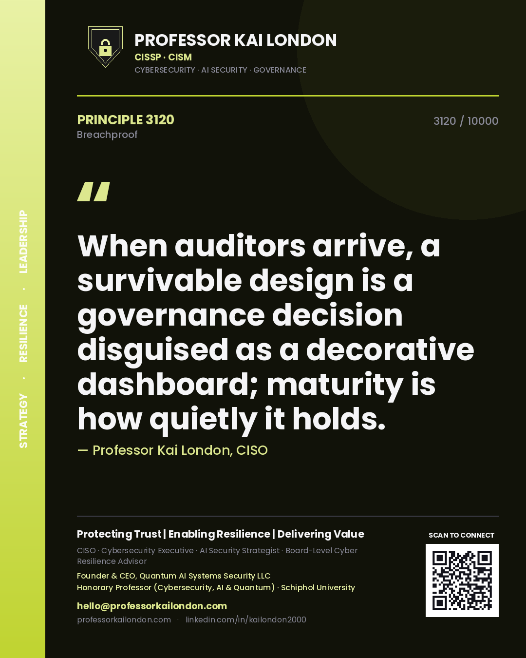 Quote card by Professor Kai London reading 'When auditors arrive, a survivable design is a governance decision disguised as a decorative dashboard; maturity is how quietly it holds.'. From the book Breachproof.