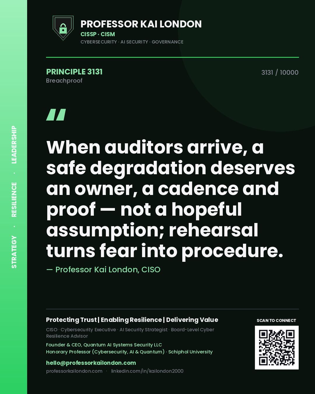 Quote card by Professor Kai London reading 'When auditors arrive, a safe degradation deserves an owner, a cadence and proof — not a hopeful assumption; rehearsal turns fear into procedure.'. From the book Breachproof.