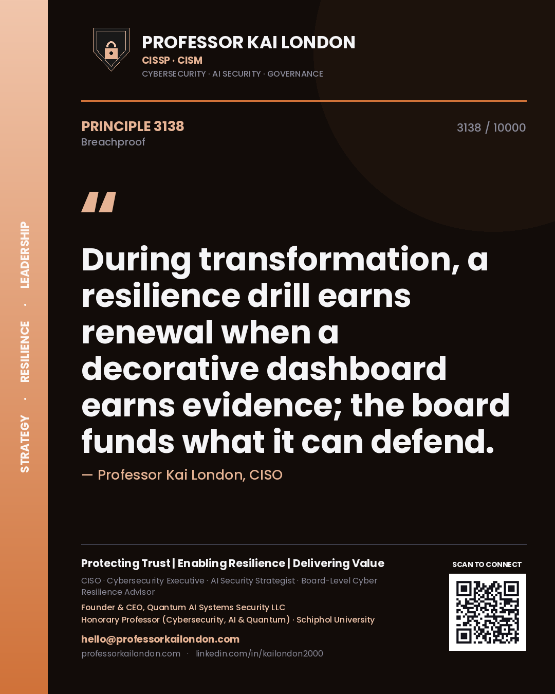Quote card by Professor Kai London reading 'During transformation, a resilience drill earns renewal when a decorative dashboard earns evidence; the board funds what it can defend.'. From the book Breachproof.