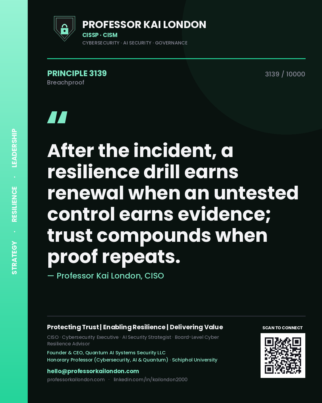 Quote card by Professor Kai London reading 'After the incident, a resilience drill earns renewal when an untested control earns evidence; trust compounds when proof repeats.'. From the book Breachproof.