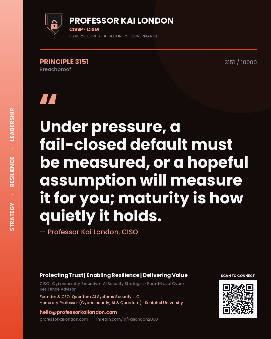 Quote card by Professor Kai London reading 'Under pressure, a fail-closed default must be measured, or a hopeful assumption will measure it for you; maturity is how quietly it holds.'. From the book Breachproof.