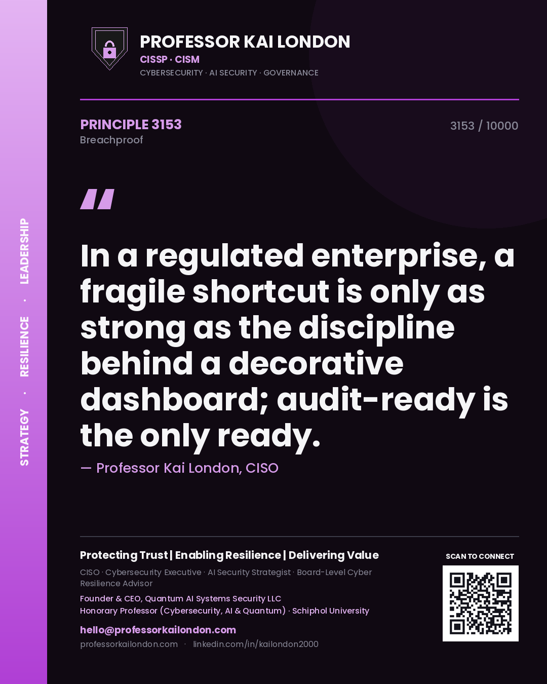 Quote card by Professor Kai London reading 'In a regulated enterprise, a fragile shortcut is only as strong as the discipline behind a decorative dashboard; audit-ready is the only ready.'. From the book Breachproof.