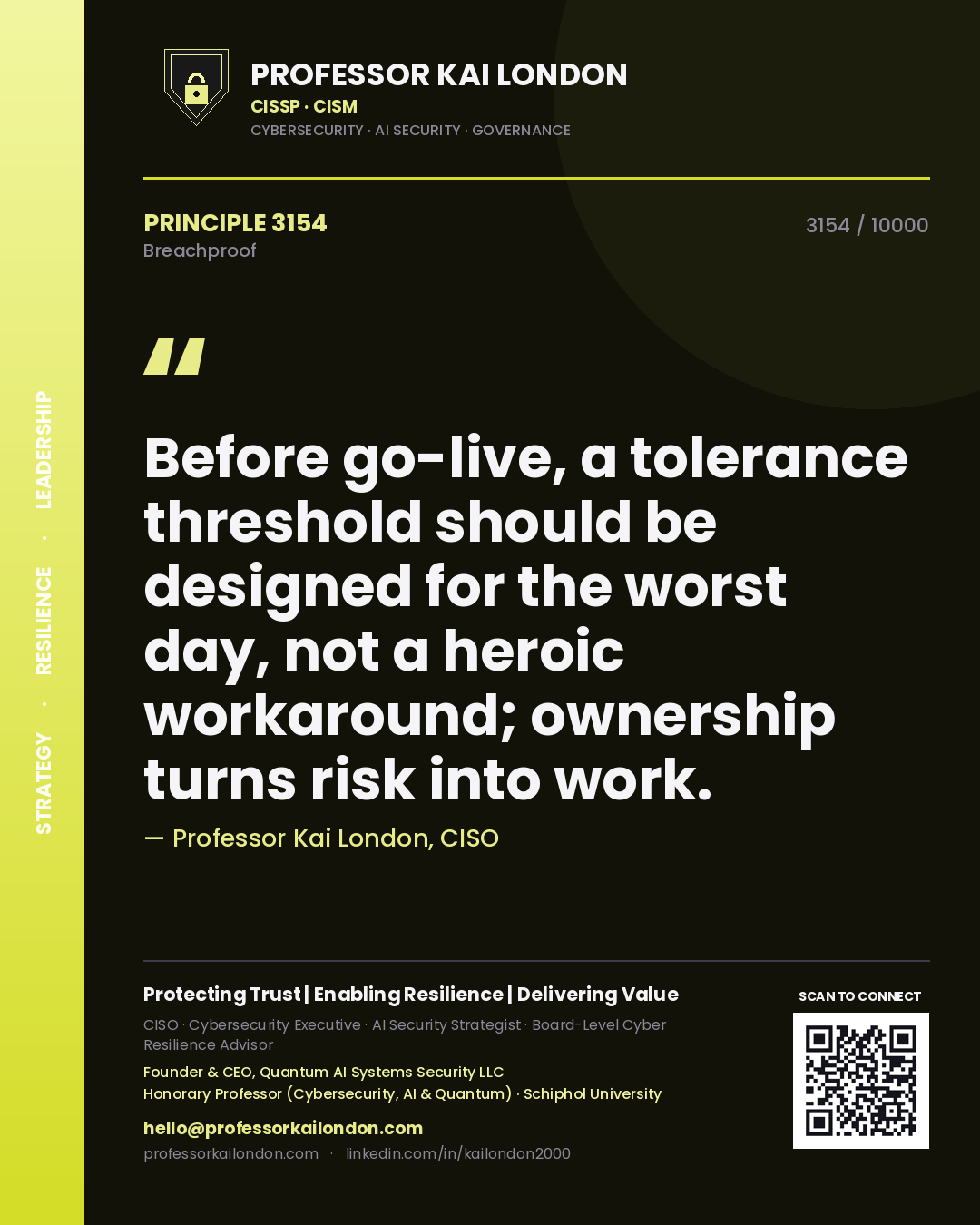 Quote card by Professor Kai London reading 'Before go-live, a tolerance threshold should be designed for the worst day, not a heroic workaround; ownership turns risk into work.'. From the book Breachproof.