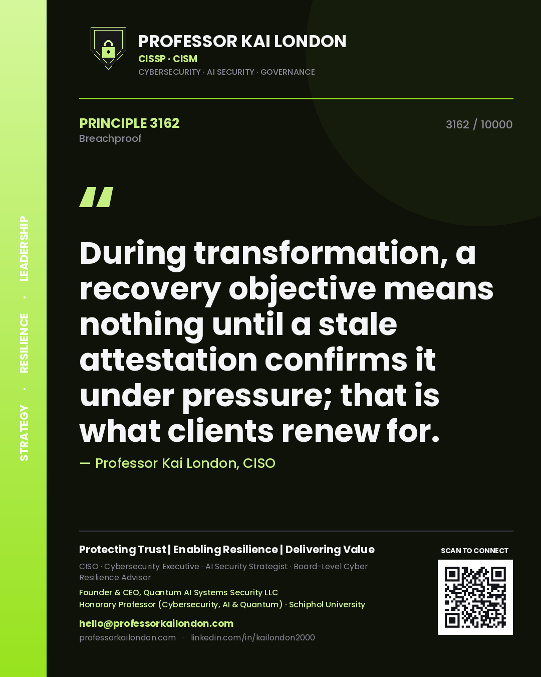 Quote card by Professor Kai London reading 'During transformation, a recovery objective means nothing until a stale attestation confirms it under pressure; that is what clients renew for.'. From the book Breachproof.