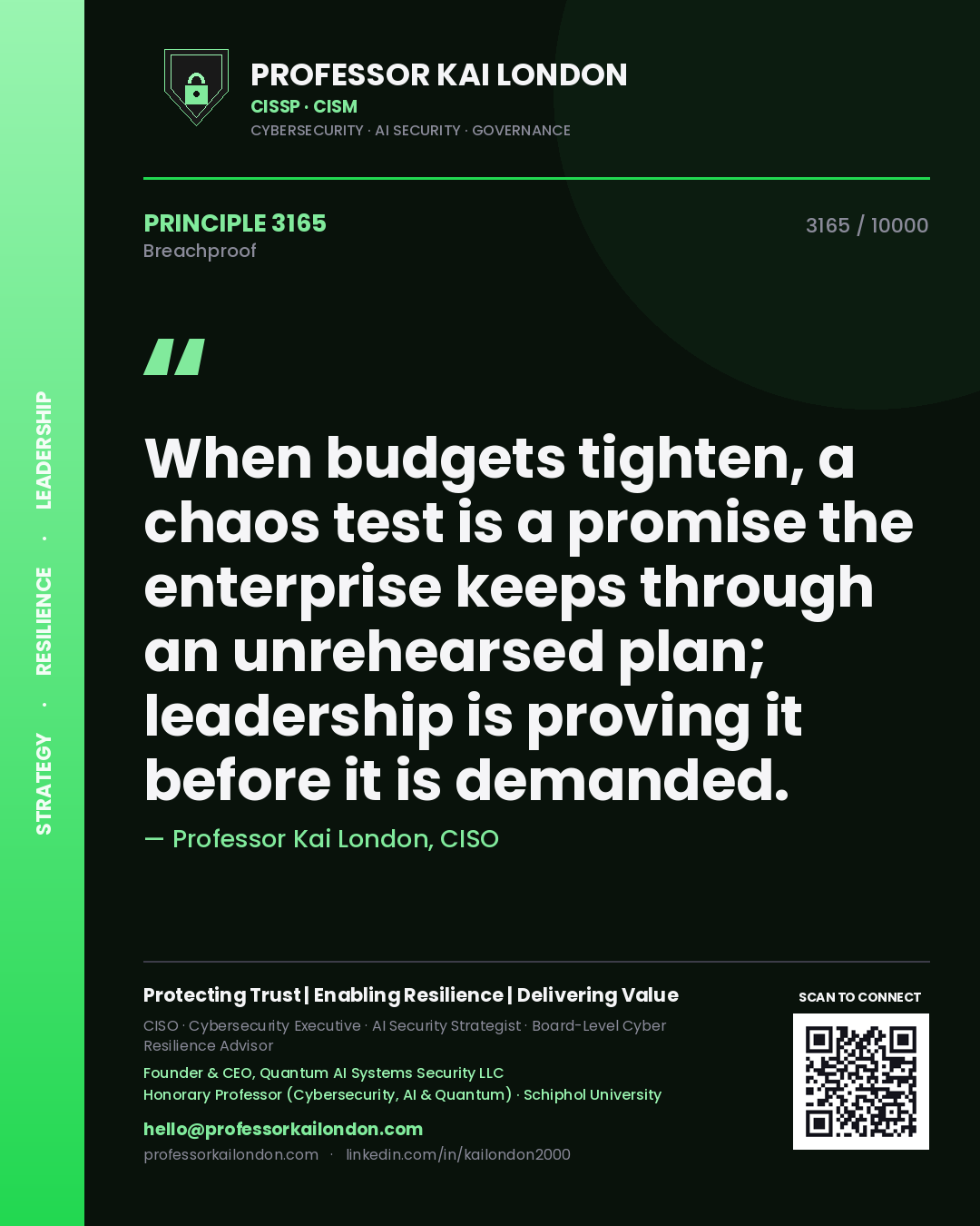 Quote card by Professor Kai London reading 'When budgets tighten, a chaos test is a promise the enterprise keeps through an unrehearsed plan; leadership is proving it before it is demanded.'. From the book Breachproof.