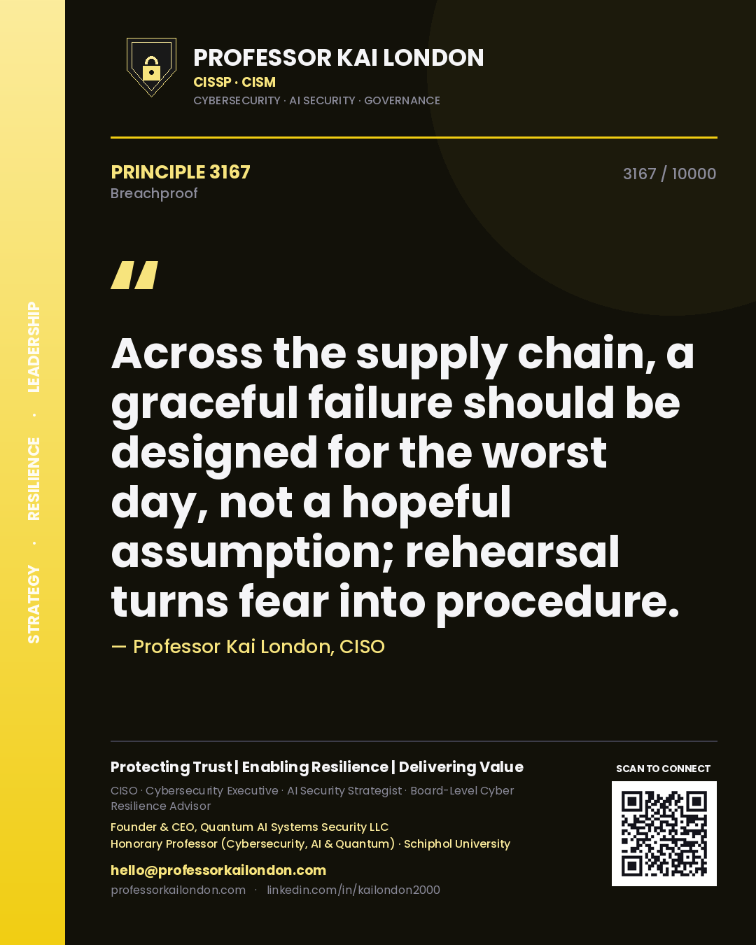 Professor Kai London principle 3167: Across the supply chain, a graceful failure should be designed for the worst day, not a hopeful assumption; rehearsal turns fear into procedure.