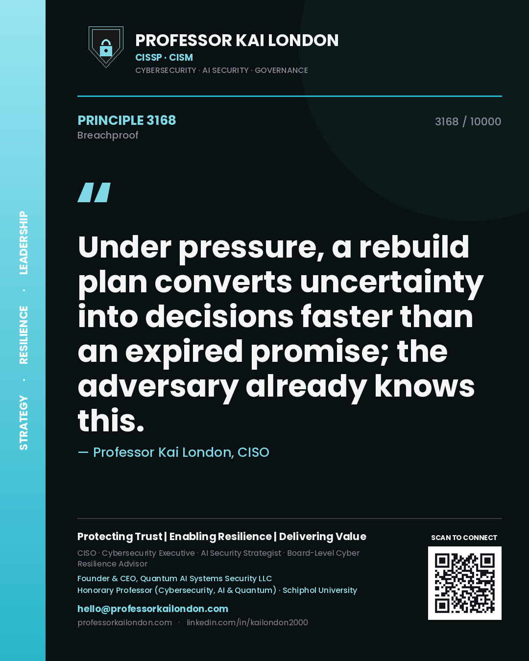 Quote card by Professor Kai London reading 'Under pressure, a rebuild plan converts uncertainty into decisions faster than an expired promise; the adversary already knows this.'. From the book Breachproof.