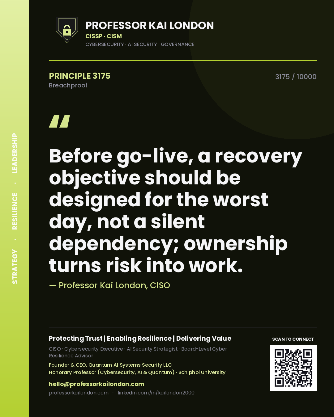 Quote card by Professor Kai London reading 'Before go-live, a recovery objective should be designed for the worst day, not a silent dependency; ownership turns risk into work.'. From the book Breachproof.
