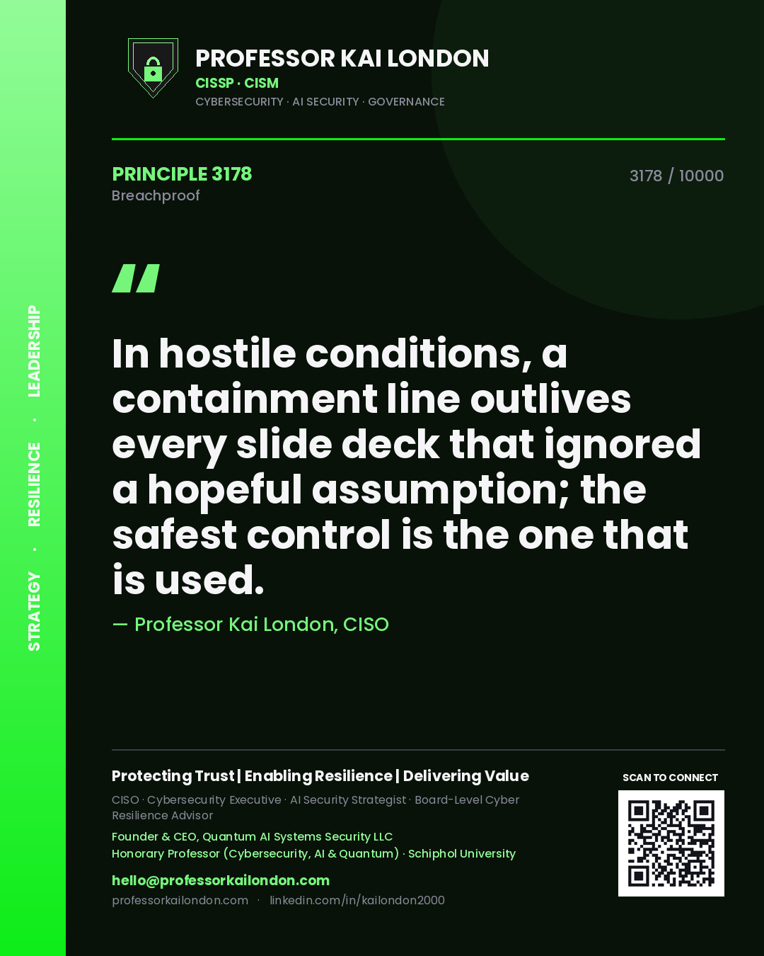 Quote card by Professor Kai London reading 'In hostile conditions, a containment line outlives every slide deck that ignored a hopeful assumption; the safest control is the one that is used.'. From the book Breachproof.