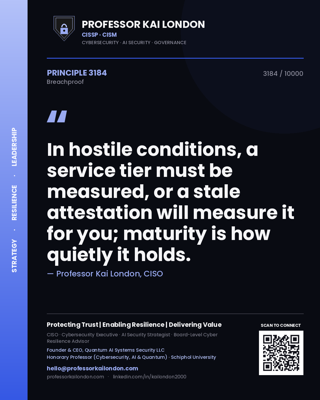 Quote card by Professor Kai London reading 'In hostile conditions, a service tier must be measured, or a stale attestation will measure it for you; maturity is how quietly it holds.'. From the book Breachproof.