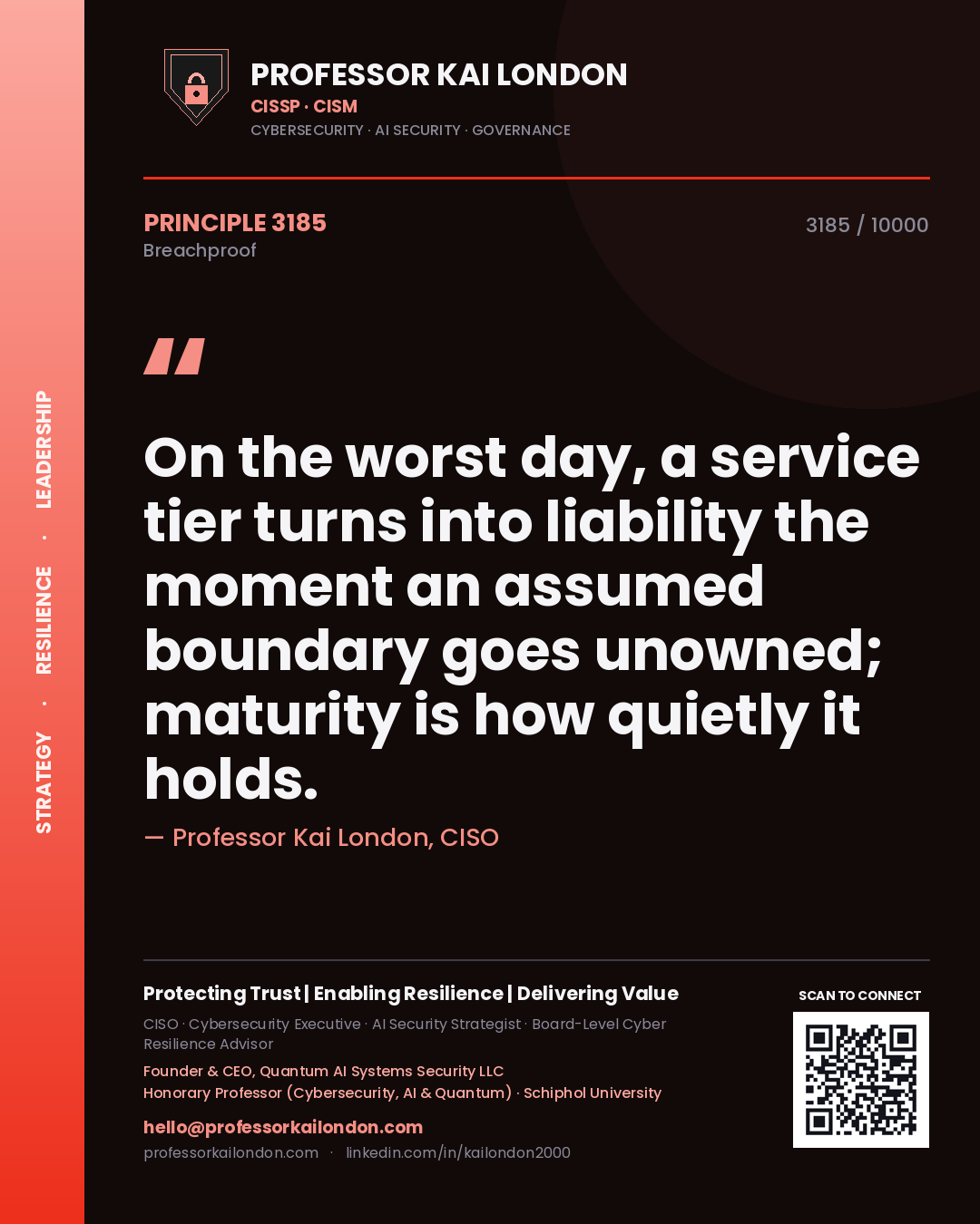 Quote card by Professor Kai London reading 'On the worst day, a service tier turns into liability the moment an assumed boundary goes unowned; maturity is how quietly it holds.'. From the book Breachproof.