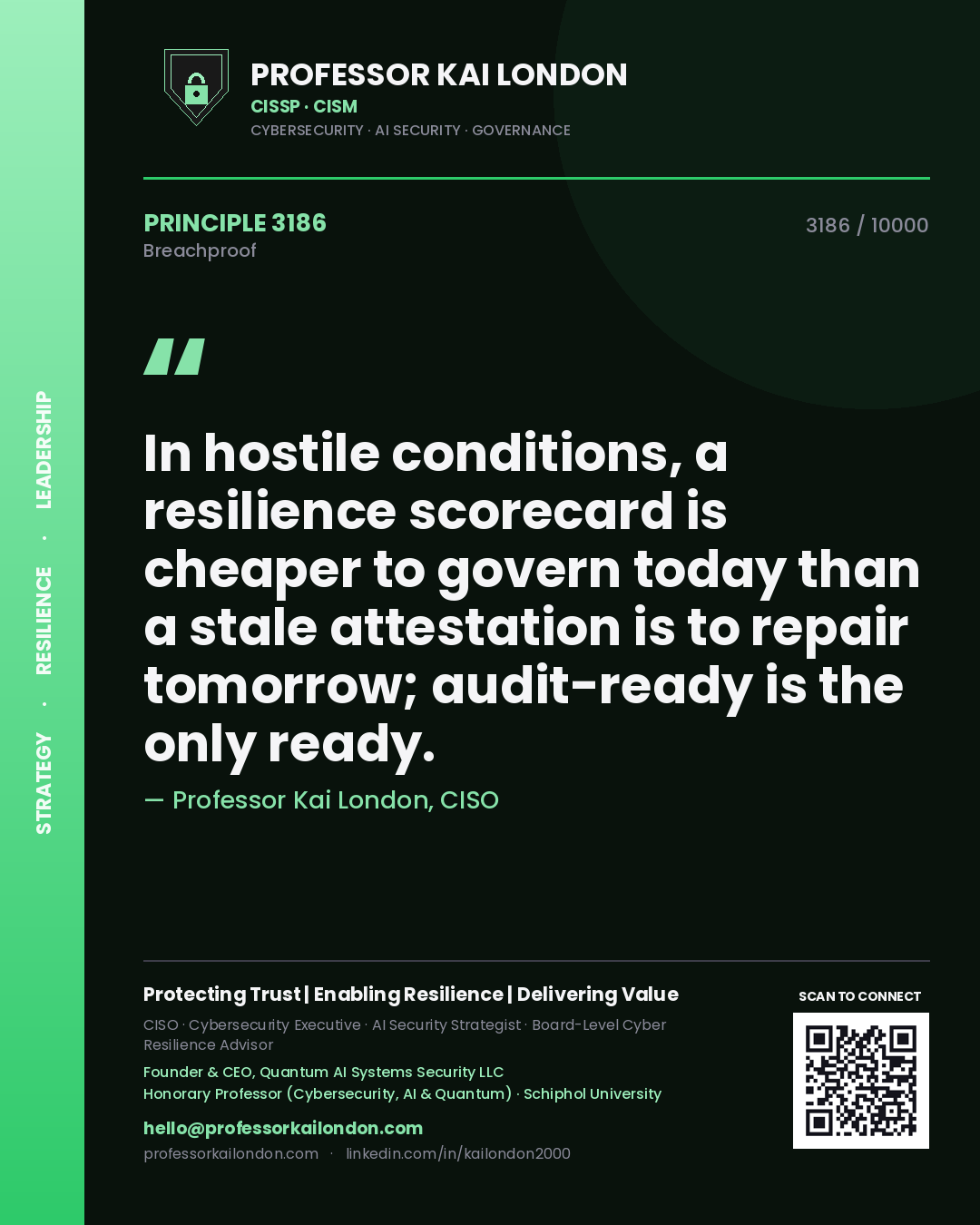 Quote card by Professor Kai London reading 'In hostile conditions, a resilience scorecard is cheaper to govern today than a stale attestation is to repair tomorrow; audit-ready is the only ready.'. From the book Breachproof.
