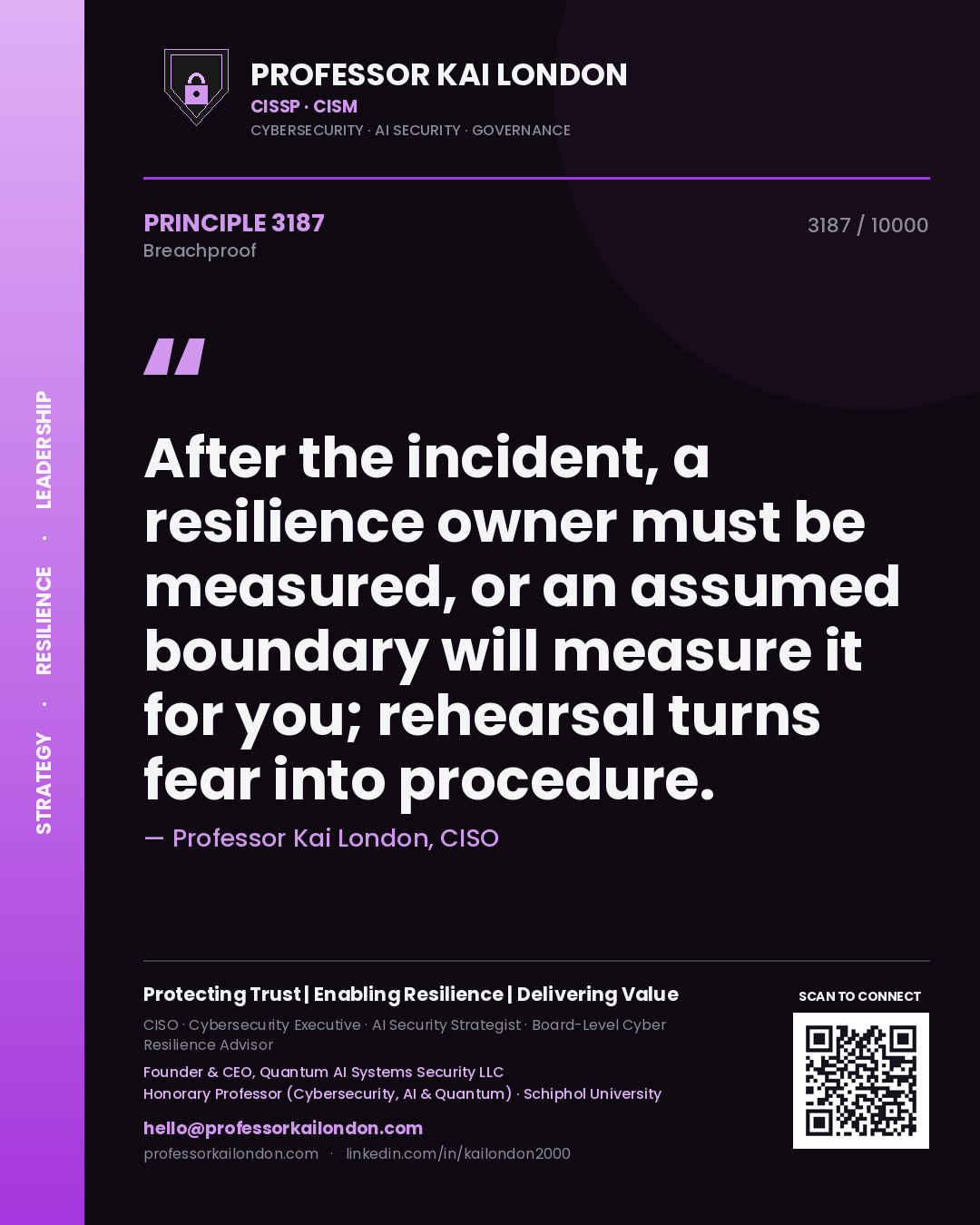 Quote card by Professor Kai London reading 'After the incident, a resilience owner must be measured, or an assumed boundary will measure it for you; rehearsal turns fear into procedure.'. From the book Breachproof.