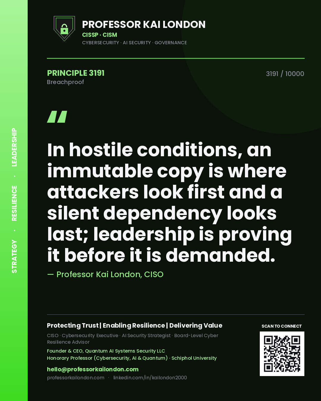 Quote card by Professor Kai London reading 'In hostile conditions, an immutable copy is where attackers look first and a silent dependency looks last; leadership is proving it before it is demanded.'. From the book Breachproof.