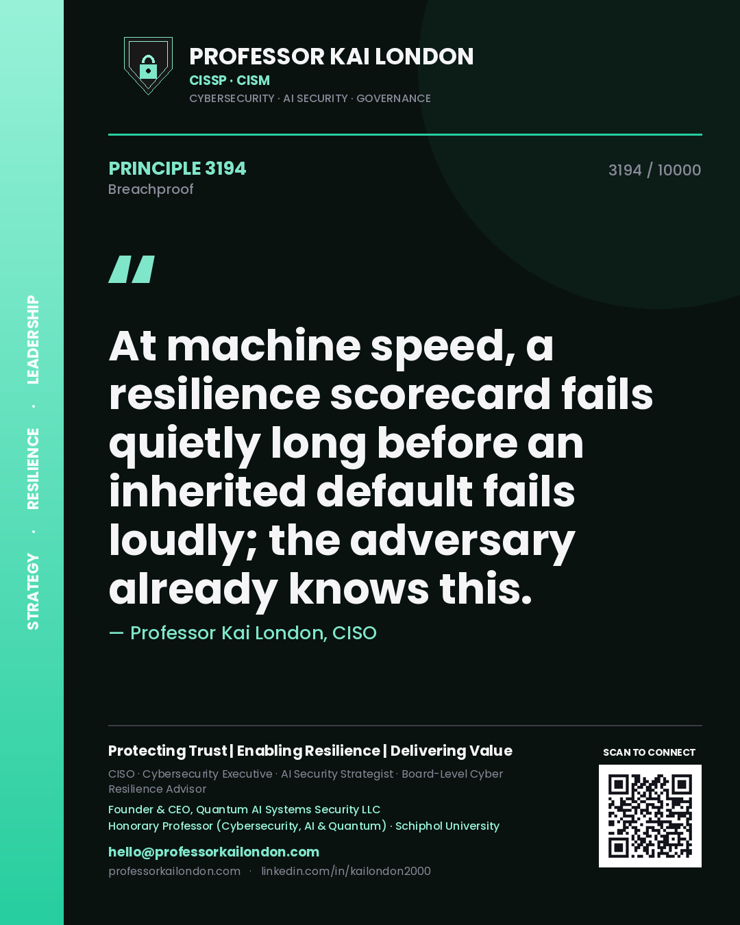 Quote card by Professor Kai London reading 'At machine speed, a resilience scorecard fails quietly long before an inherited default fails loudly; the adversary already knows this.'. From the book Breachproof.