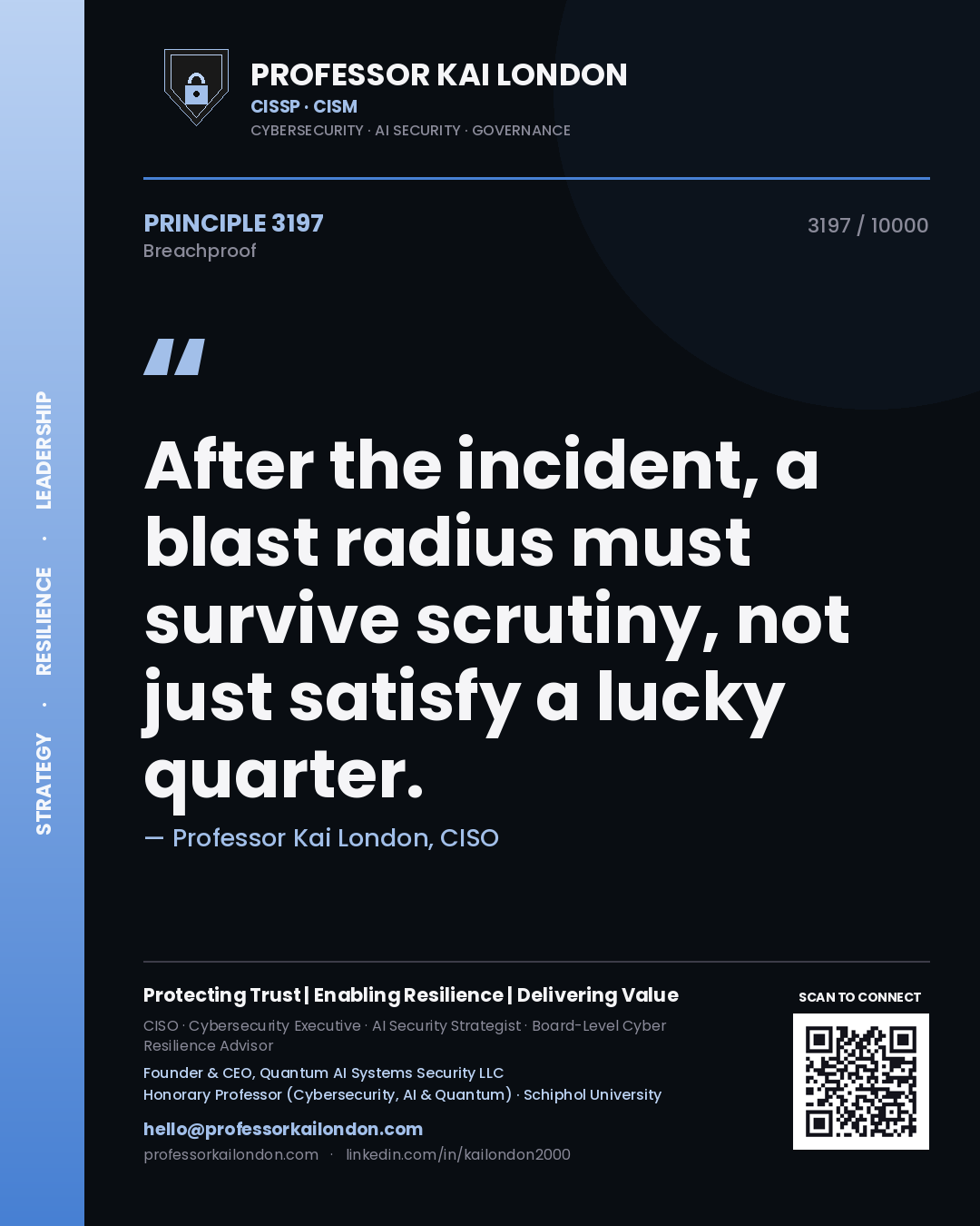 Quote card by Professor Kai London reading 'After the incident, a blast radius must survive scrutiny, not just satisfy a lucky quarter.'. From the book Breachproof.