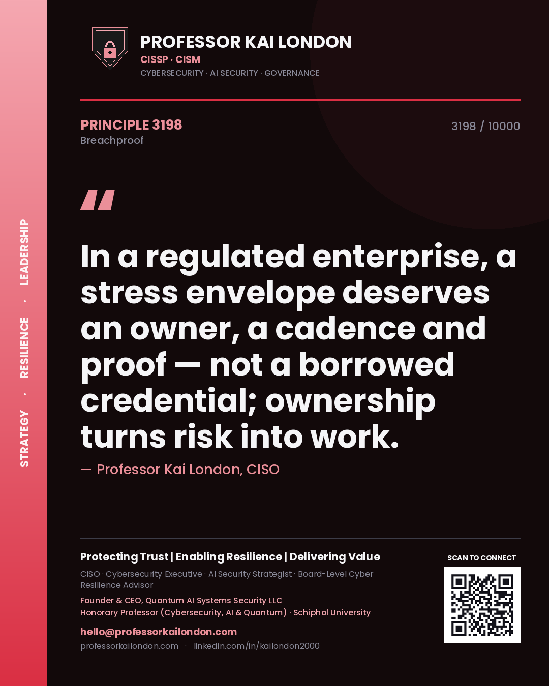 Quote card by Professor Kai London reading 'In a regulated enterprise, a stress envelope deserves an owner, a cadence and proof — not a borrowed credential; ownership turns risk into work.'. From the book Breachproof.