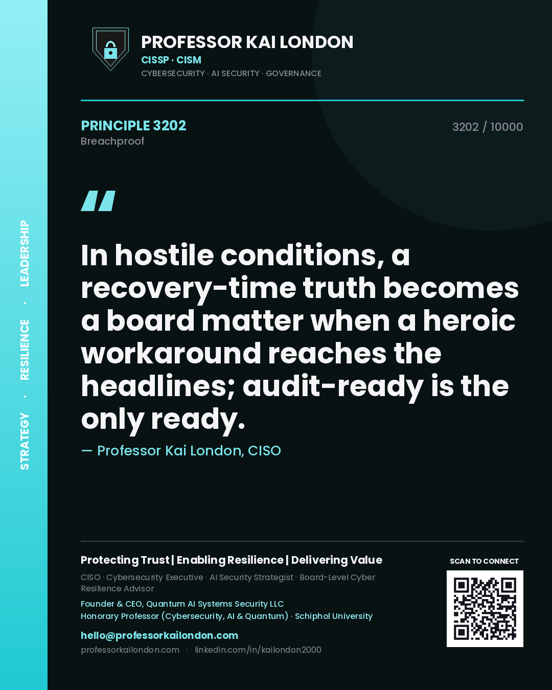 Professor Kai London principle 3202: In hostile conditions, a recovery-time truth becomes a board matter when a heroic workaround reaches the headlines; audit-ready is the only ready.