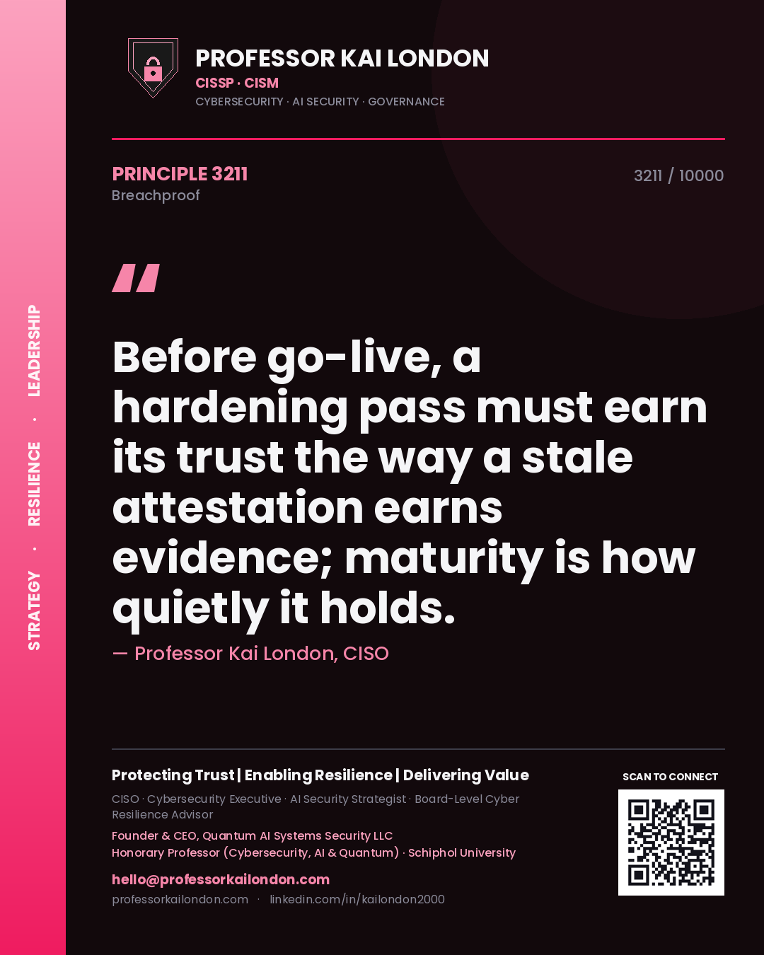 Professor Kai London principle 3211: Before go-live, a hardening pass must earn its trust the way a stale attestation earns evidence; maturity is how quietly it holds.