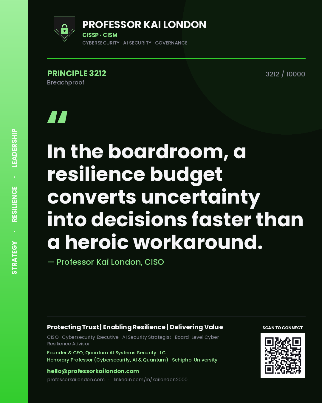 Quote card by Professor Kai London reading 'In the boardroom, a resilience budget converts uncertainty into decisions faster than a heroic workaround.'. From the book Breachproof.