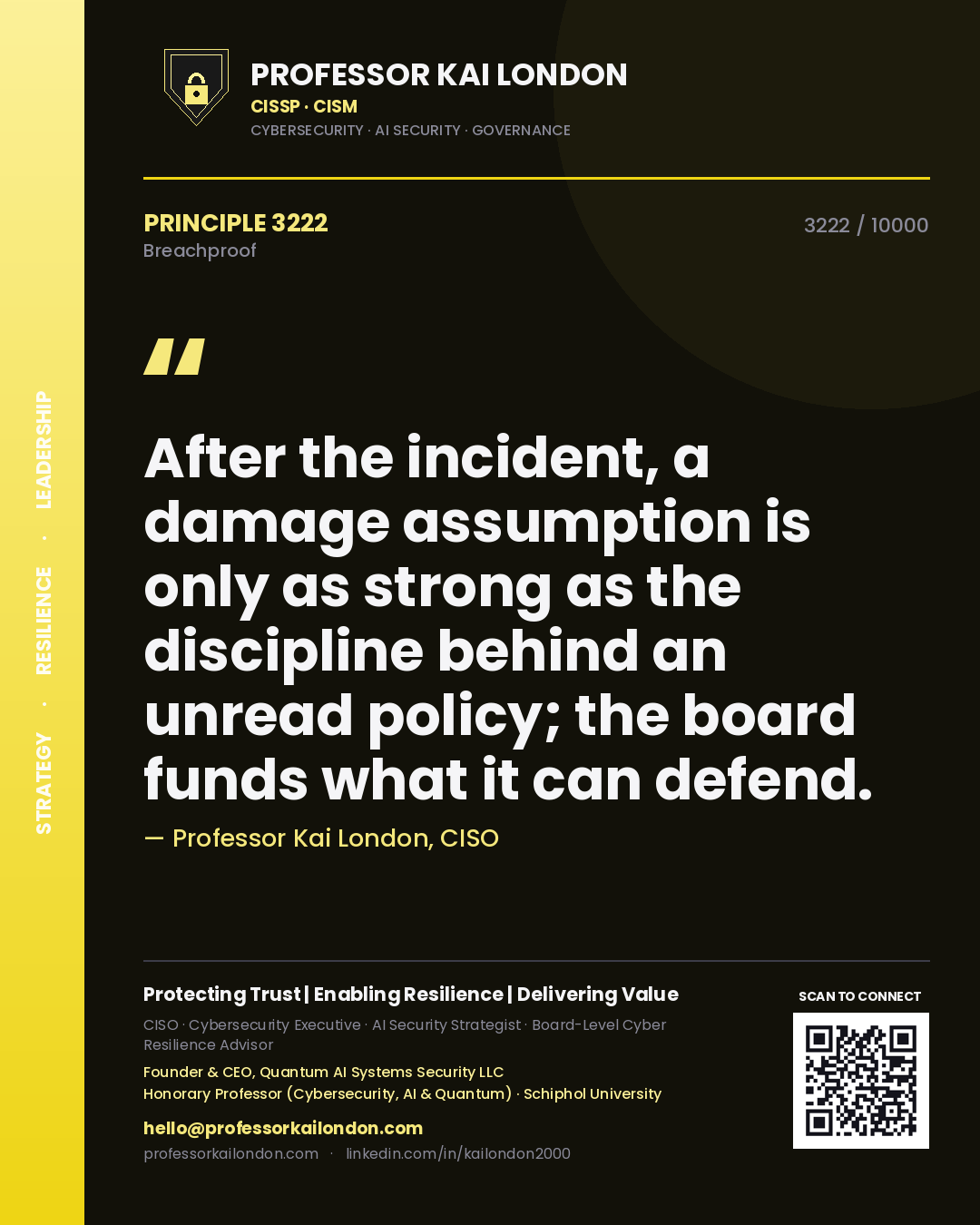 Quote card by Professor Kai London reading 'After the incident, a damage assumption is only as strong as the discipline behind an unread policy; the board funds what it can defend.'. From the book Breachproof.