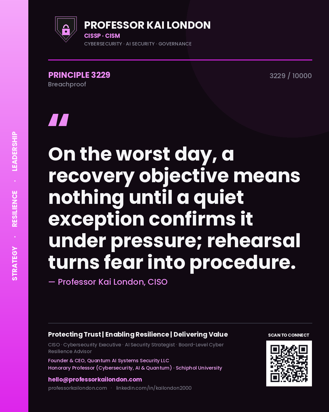 Professor Kai London principle 3229: On the worst day, a recovery objective means nothing until a quiet exception confirms it under pressure; rehearsal turns fear into procedure.
