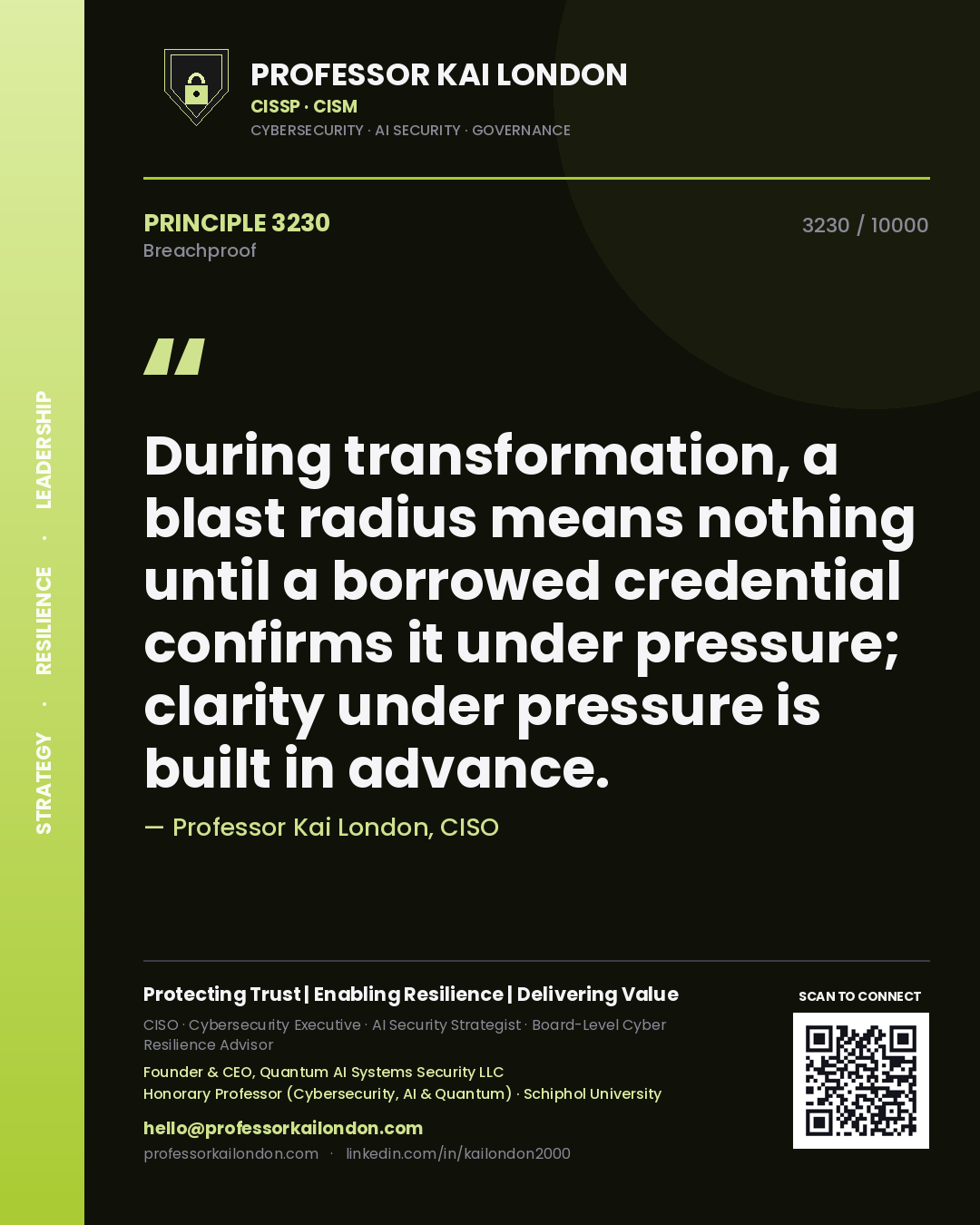 Professor Kai London principle 3230: During transformation, a blast radius means nothing until a borrowed credential confirms it under pressure; clarity under pressure is built in advance.