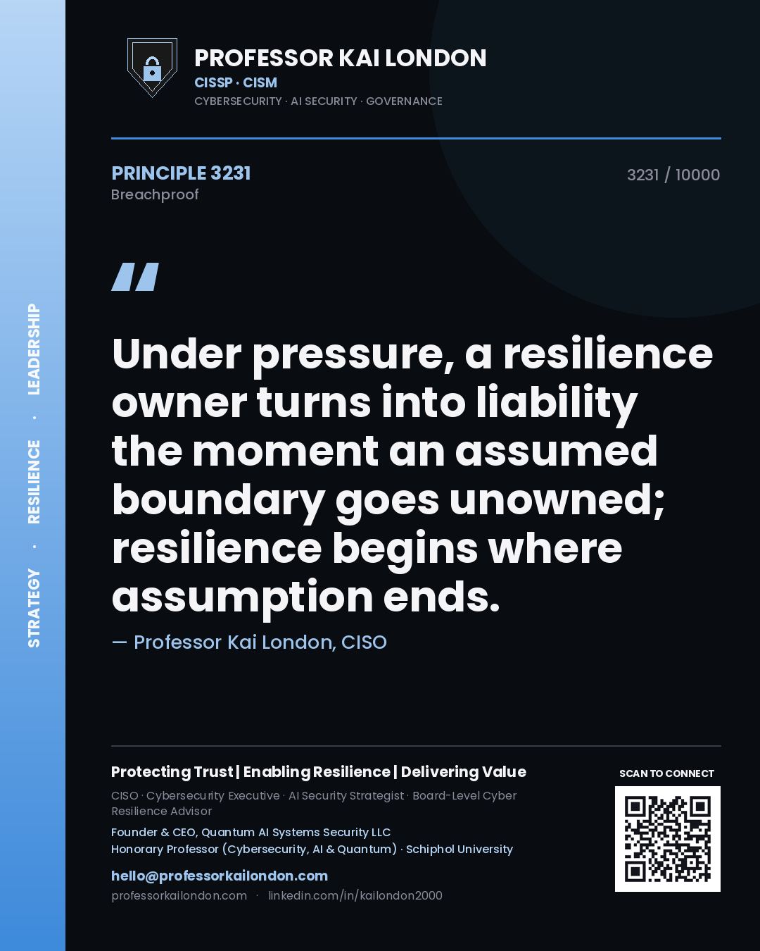 Quote card by Professor Kai London reading 'Under pressure, a resilience owner turns into liability the moment an assumed boundary goes unowned; resilience begins where assumption ends.'. From the book Breachproof.
