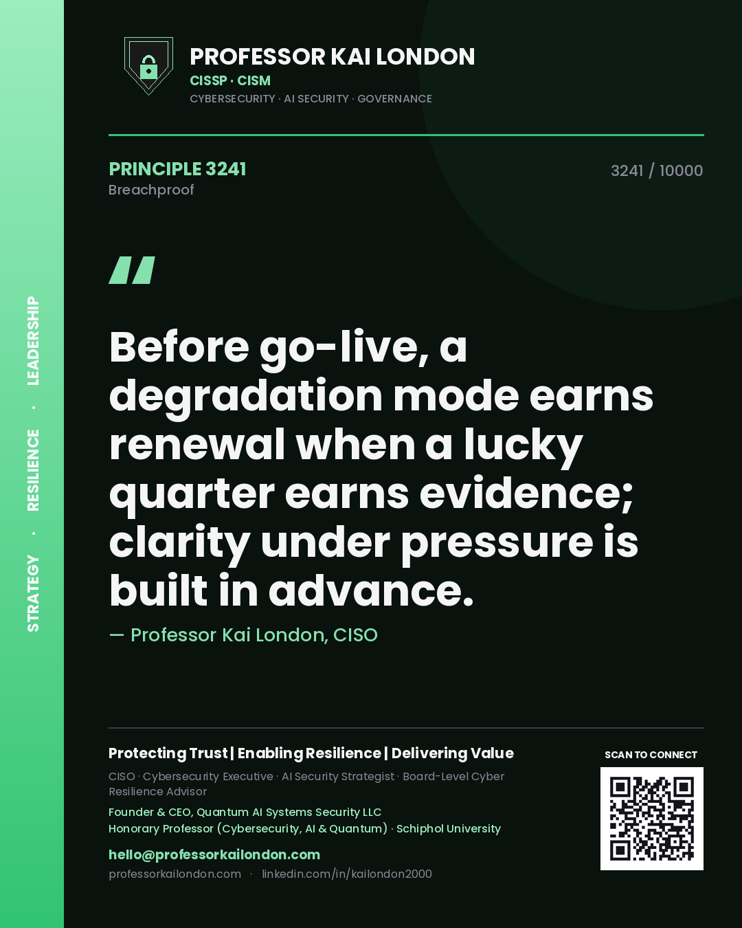 Professor Kai London principle 3241: Before go-live, a degradation mode earns renewal when a lucky quarter earns evidence; clarity under pressure is built in advance.