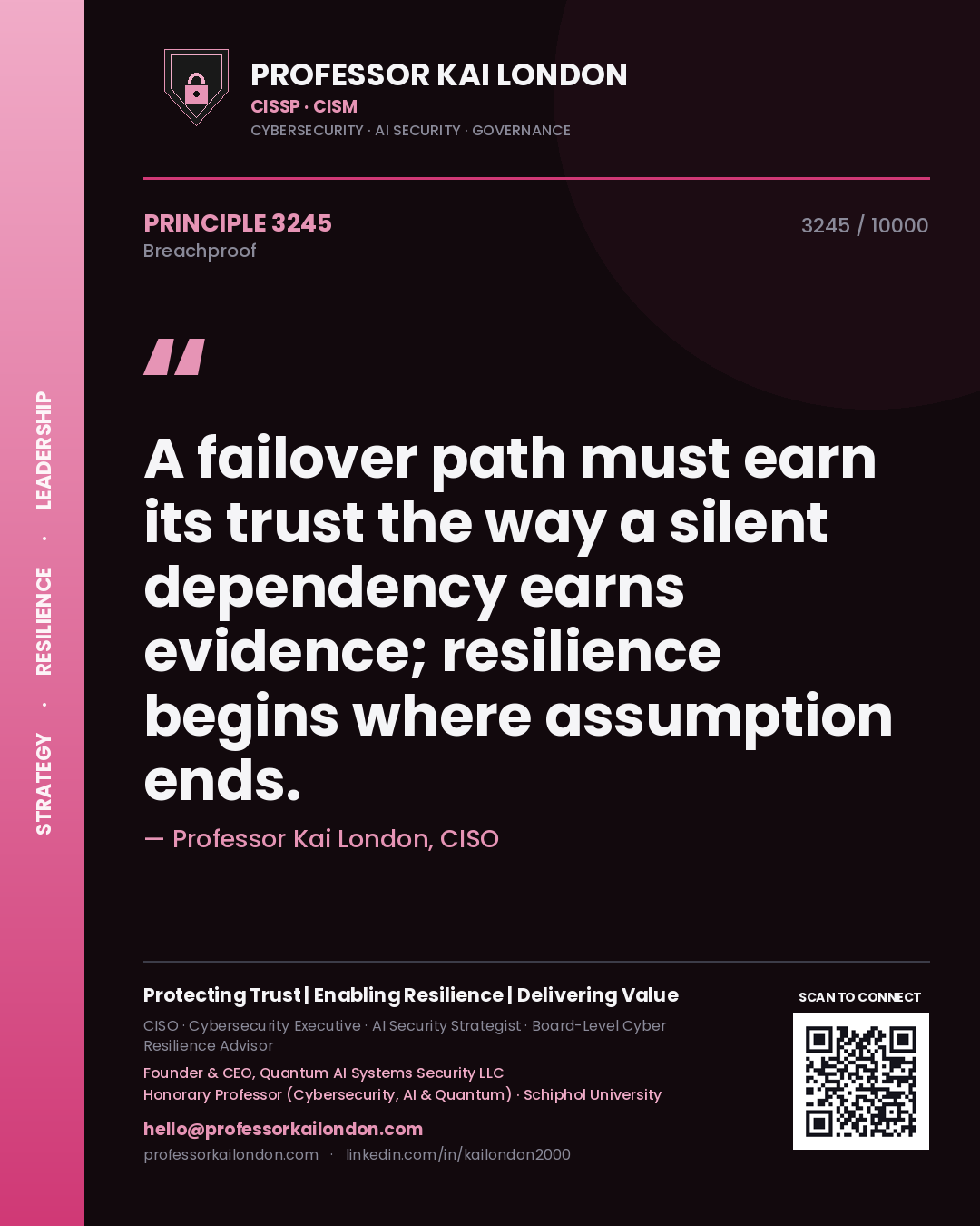 Quote card by Professor Kai London reading 'A failover path must earn its trust the way a silent dependency earns evidence; resilience begins where assumption ends.'. From the book Breachproof.