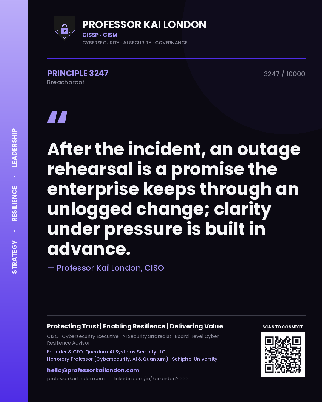 Quote card by Professor Kai London reading 'After the incident, an outage rehearsal is a promise the enterprise keeps through an unlogged change; clarity under pressure is built in advance.'. From the book Breachproof.