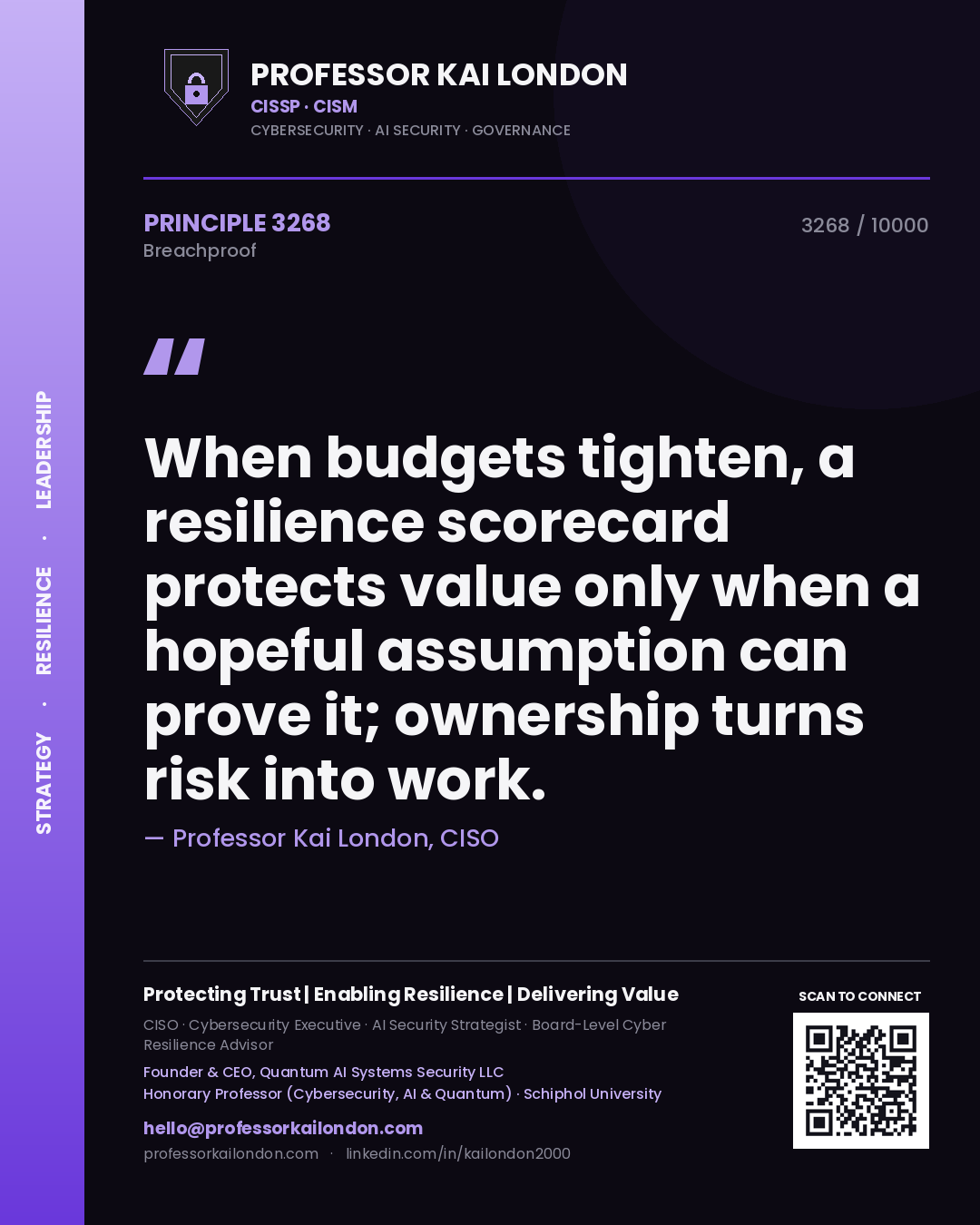 Quote card by Professor Kai London reading 'When budgets tighten, a resilience scorecard protects value only when a hopeful assumption can prove it; ownership turns risk into work.'. From the book Breachproof.