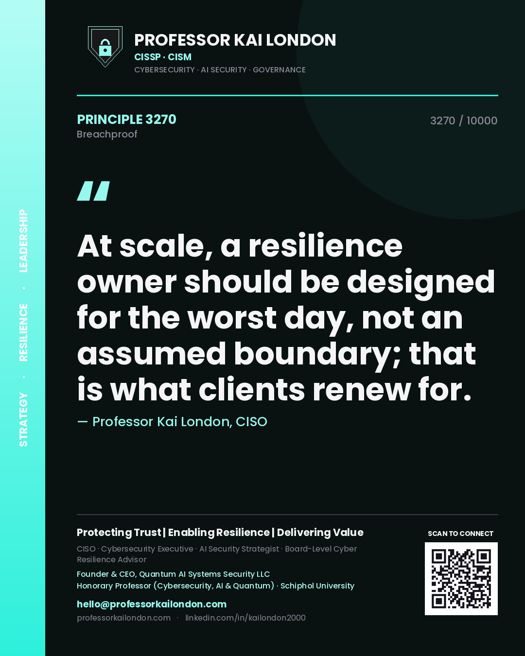 Professor Kai London principle 3270: At scale, a resilience owner should be designed for the worst day, not an assumed boundary; that is what clients renew for.
