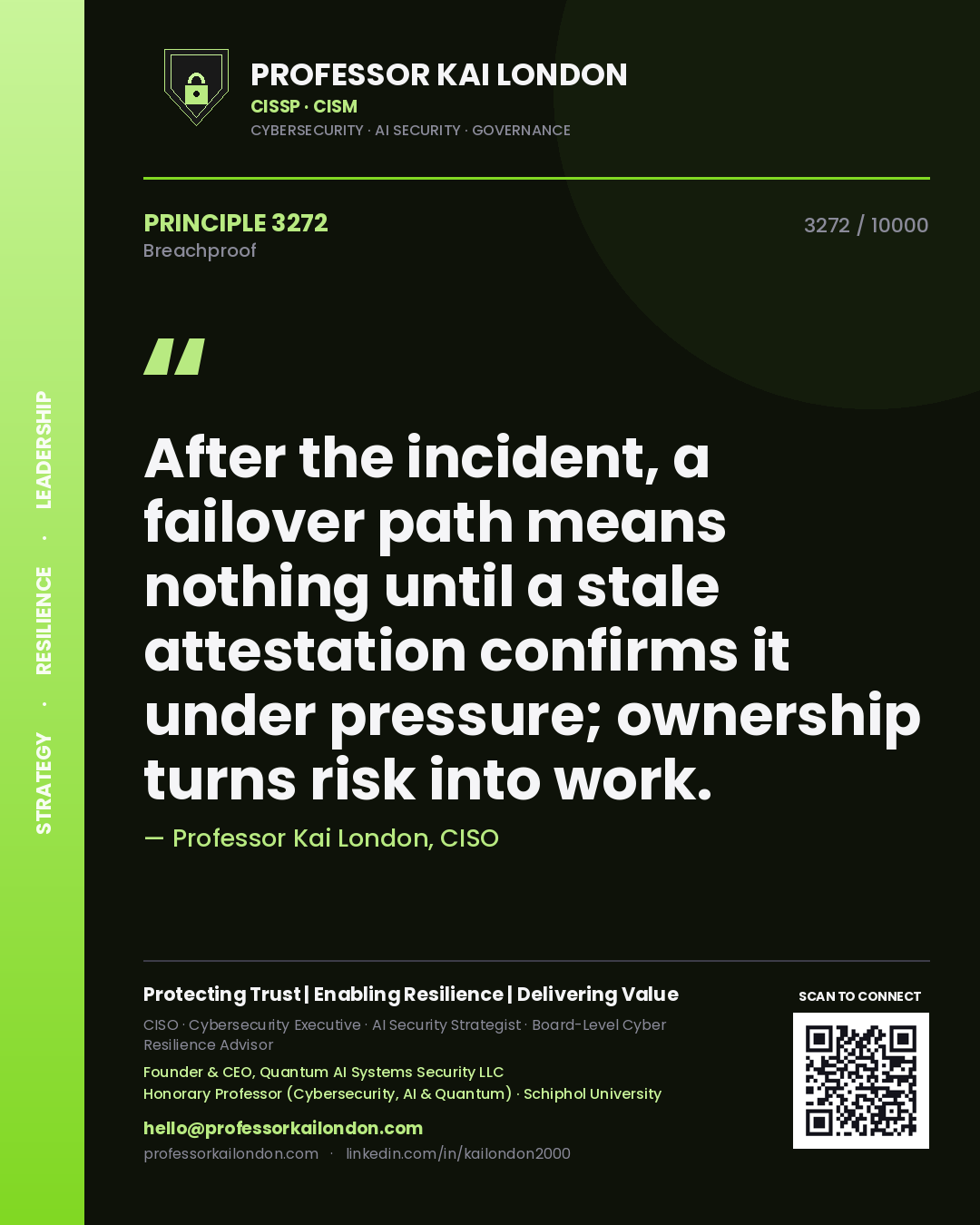 Professor Kai London principle 3272: After the incident, a failover path means nothing until a stale attestation confirms it under pressure; ownership turns risk into work.