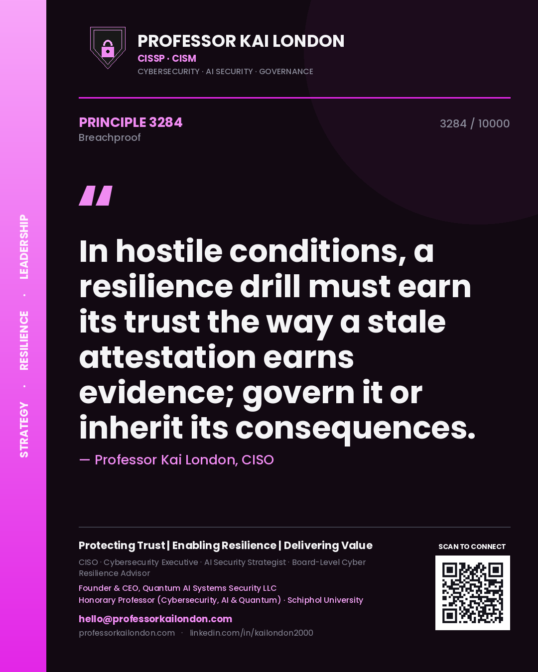 Quote card by Professor Kai London reading 'In hostile conditions, a resilience drill must earn its trust the way a stale attestation earns evidence; govern it or inherit its consequences.'. From the book Breachproof.
