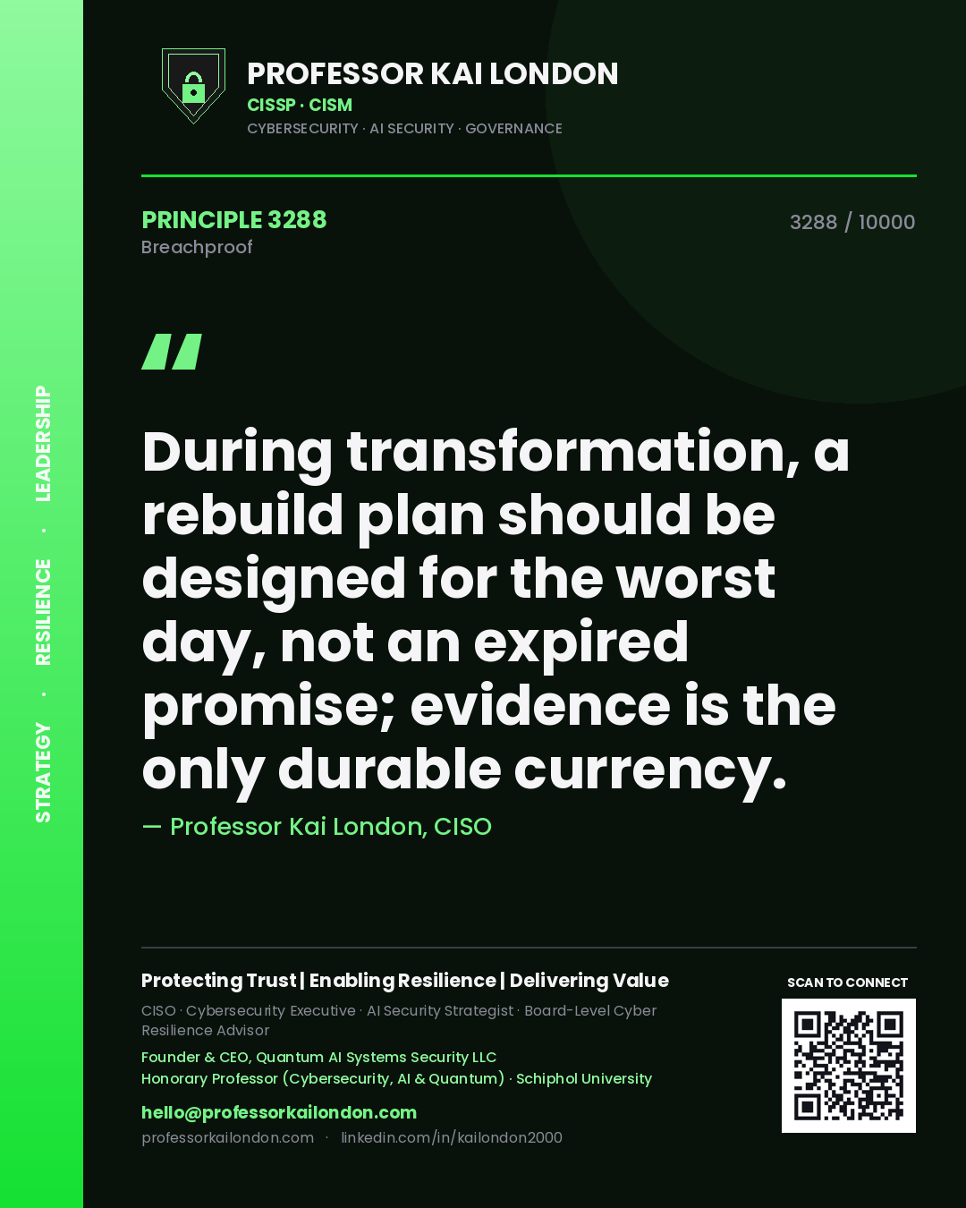 Professor Kai London principle 3288: During transformation, a rebuild plan should be designed for the worst day, not an expired promise; evidence is the only durable currency.