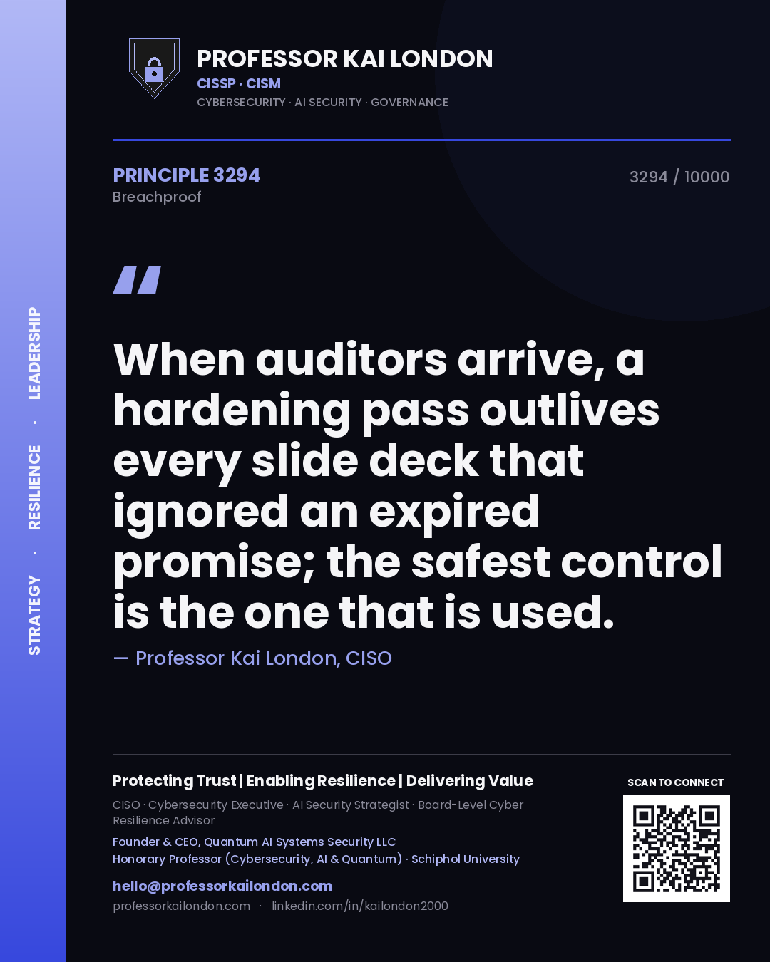 Quote card by Professor Kai London reading 'When auditors arrive, a hardening pass outlives every slide deck that ignored an expired promise; the safest control is the one that is used.'. From the book Breachproof.