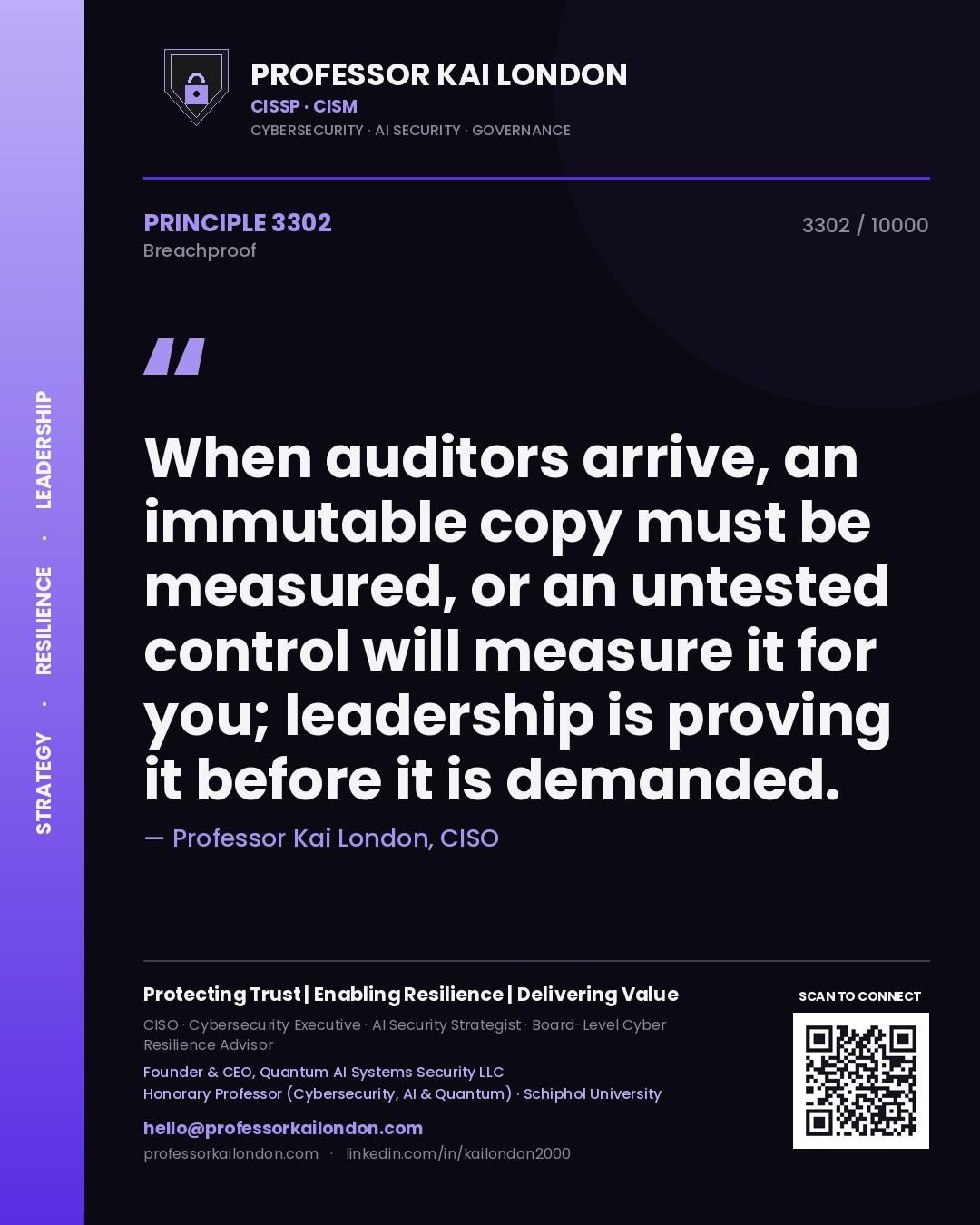 Quote card by Professor Kai London reading 'When auditors arrive, an immutable copy must be measured, or an untested control will measure it for you; leadership is proving it before it is demanded.'. From the book Breachproof.
