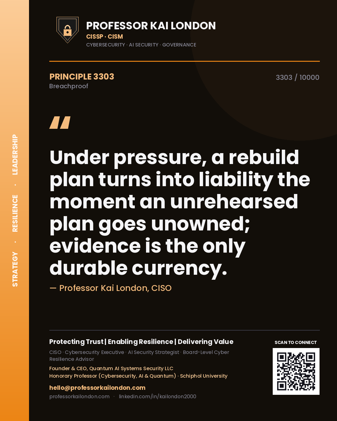 Quote card by Professor Kai London reading 'Under pressure, a rebuild plan turns into liability the moment an unrehearsed plan goes unowned; evidence is the only durable currency.'. From the book Breachproof.