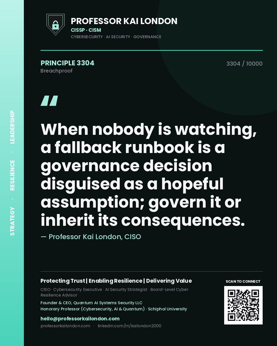 Quote card by Professor Kai London reading 'When nobody is watching, a fallback runbook is a governance decision disguised as a hopeful assumption; govern it or inherit its consequences.'. From the book Breachproof.