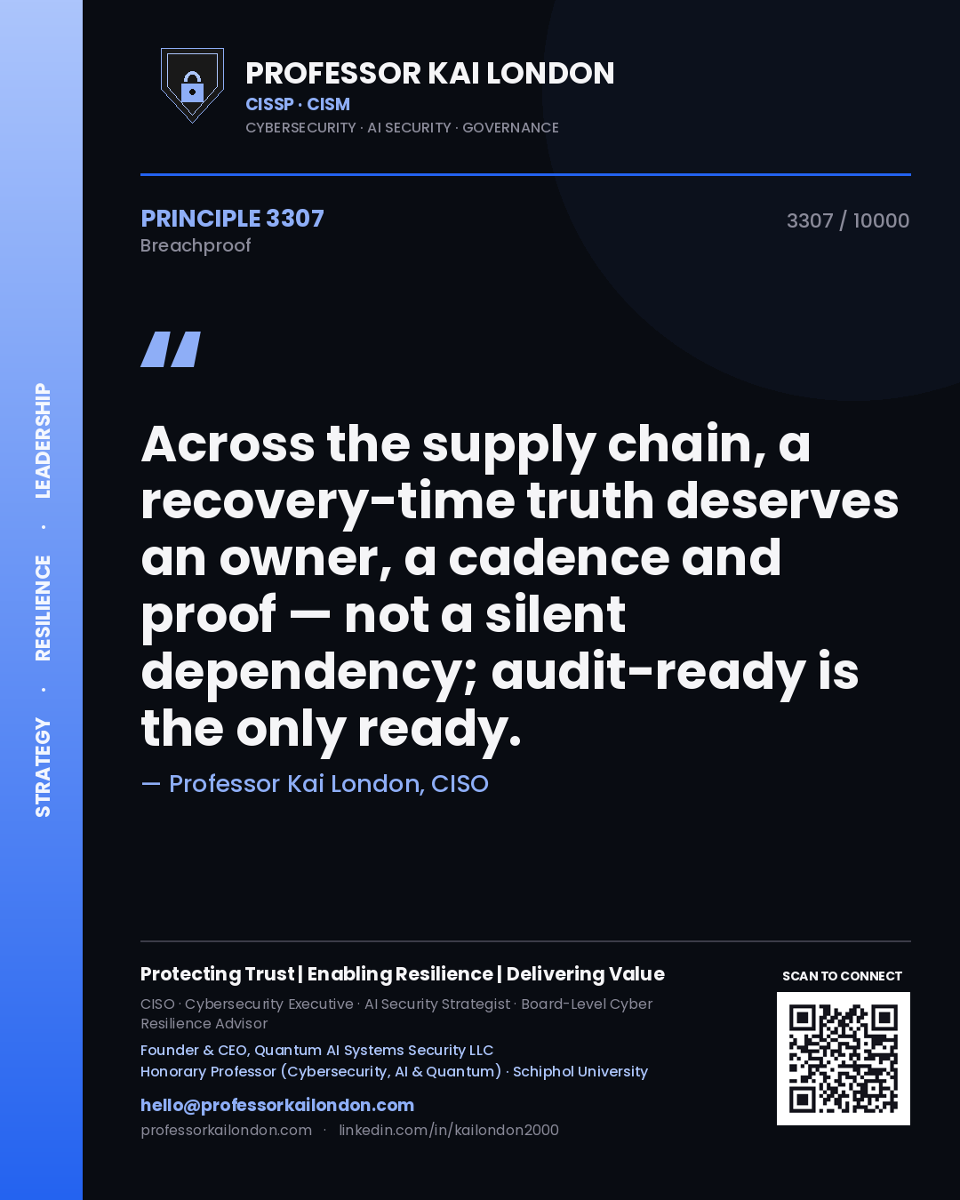 Quote card by Professor Kai London reading 'Across the supply chain, a recovery-time truth deserves an owner, a cadence and proof — not a silent dependency; audit-ready is the only ready.'. From the book Breachproof.