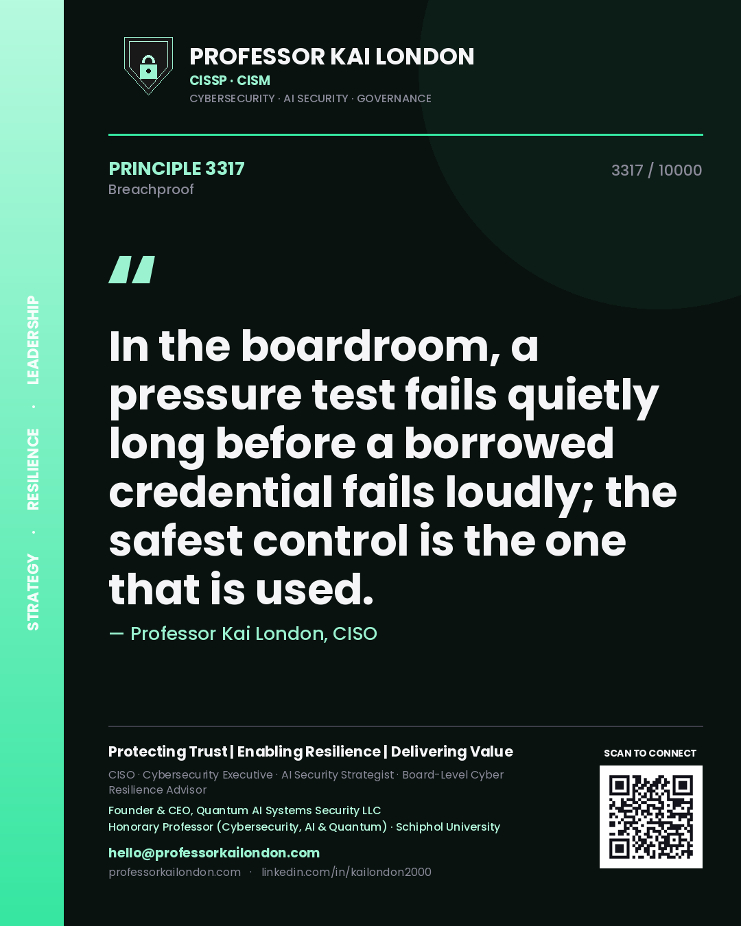 Quote card by Professor Kai London reading 'In the boardroom, a pressure test fails quietly long before a borrowed credential fails loudly; the safest control is the one that is used.'. From the book Breachproof.