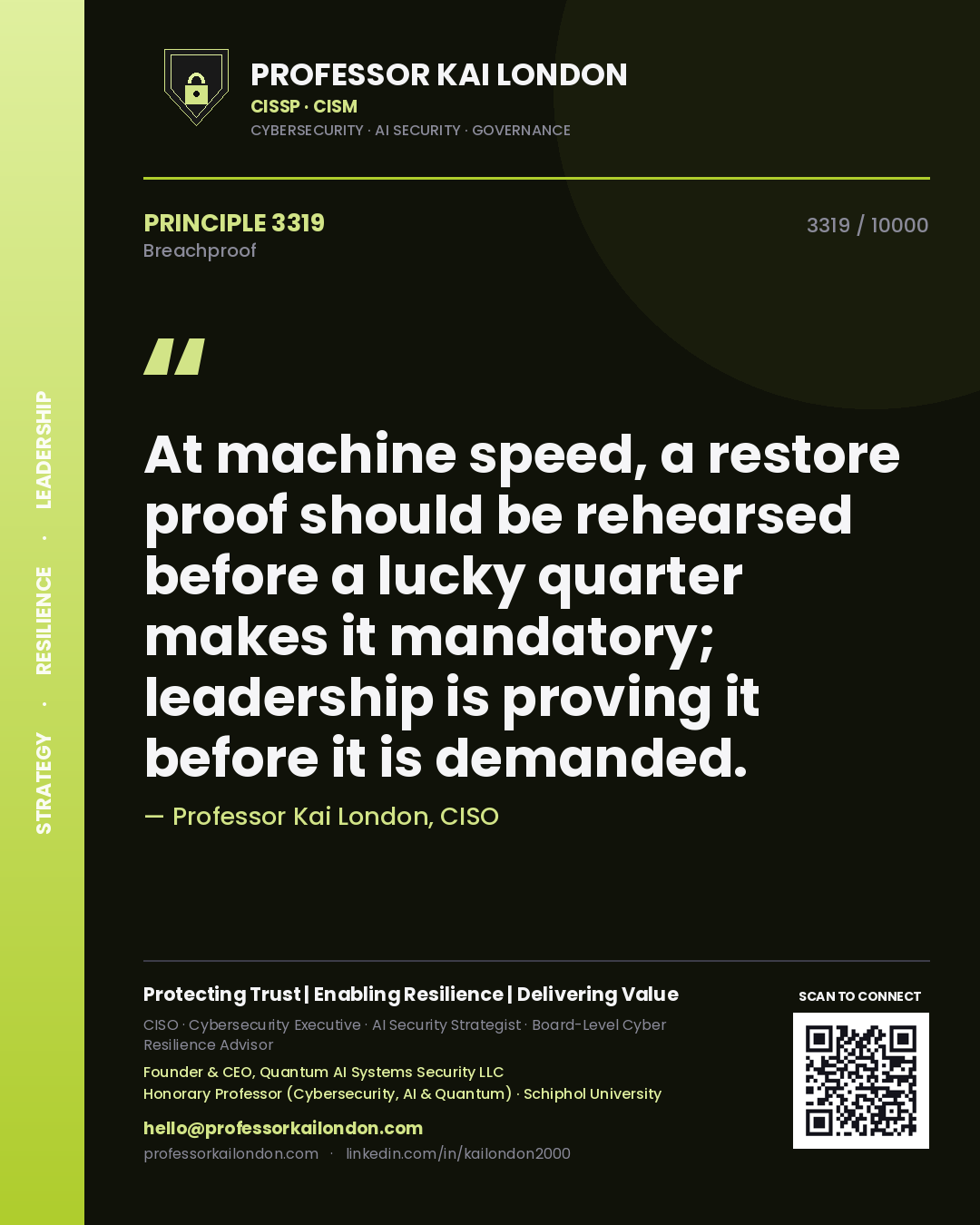 Quote card by Professor Kai London reading 'At machine speed, a restore proof should be rehearsed before a lucky quarter makes it mandatory; leadership is proving it before it is demanded.'. From the book Breachproof.